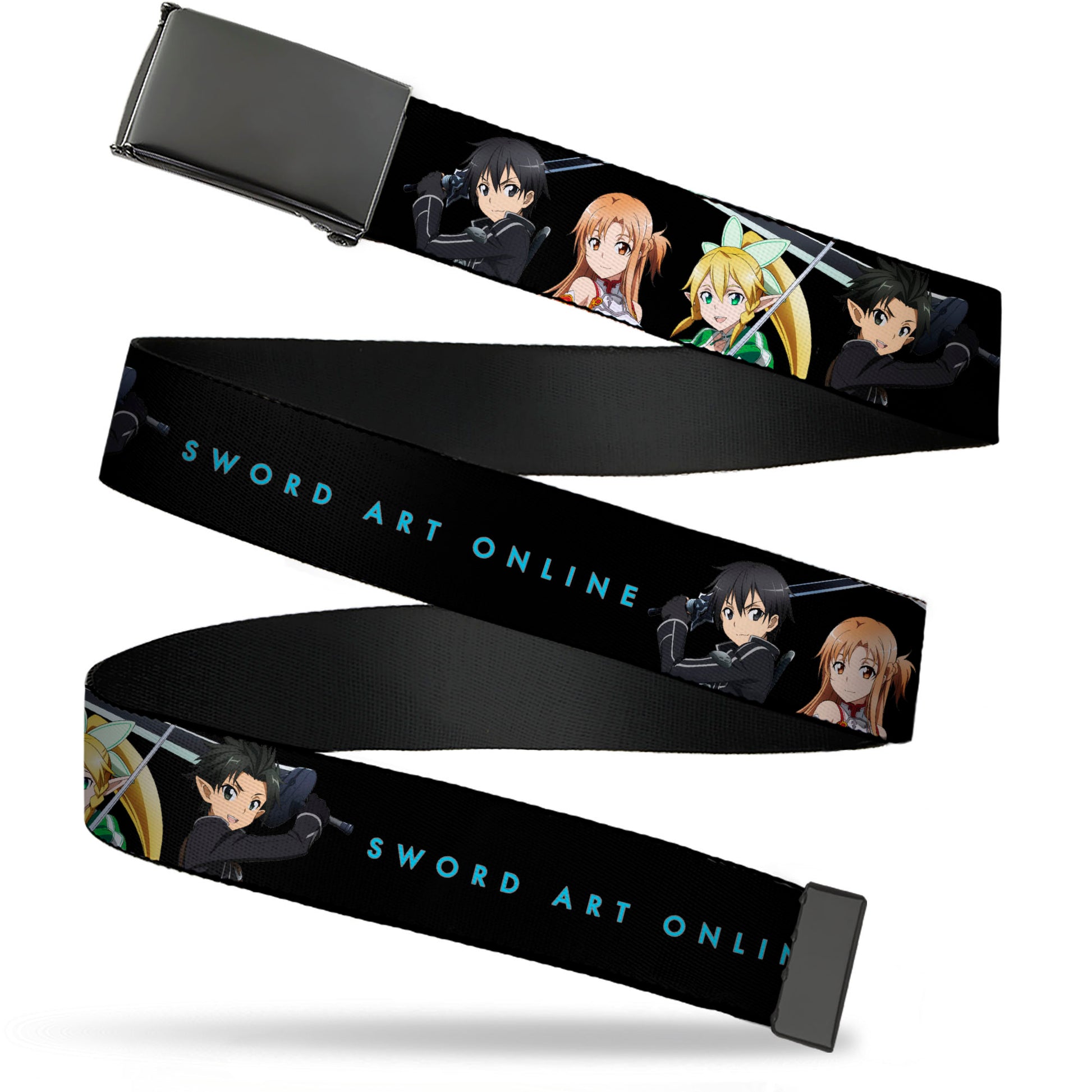 Web Belt Blank Black Buckle - SWORD ART ONLINE Four Character Swords Group Pose and Title Logo Black Webbing Web Belts Sword Art Online