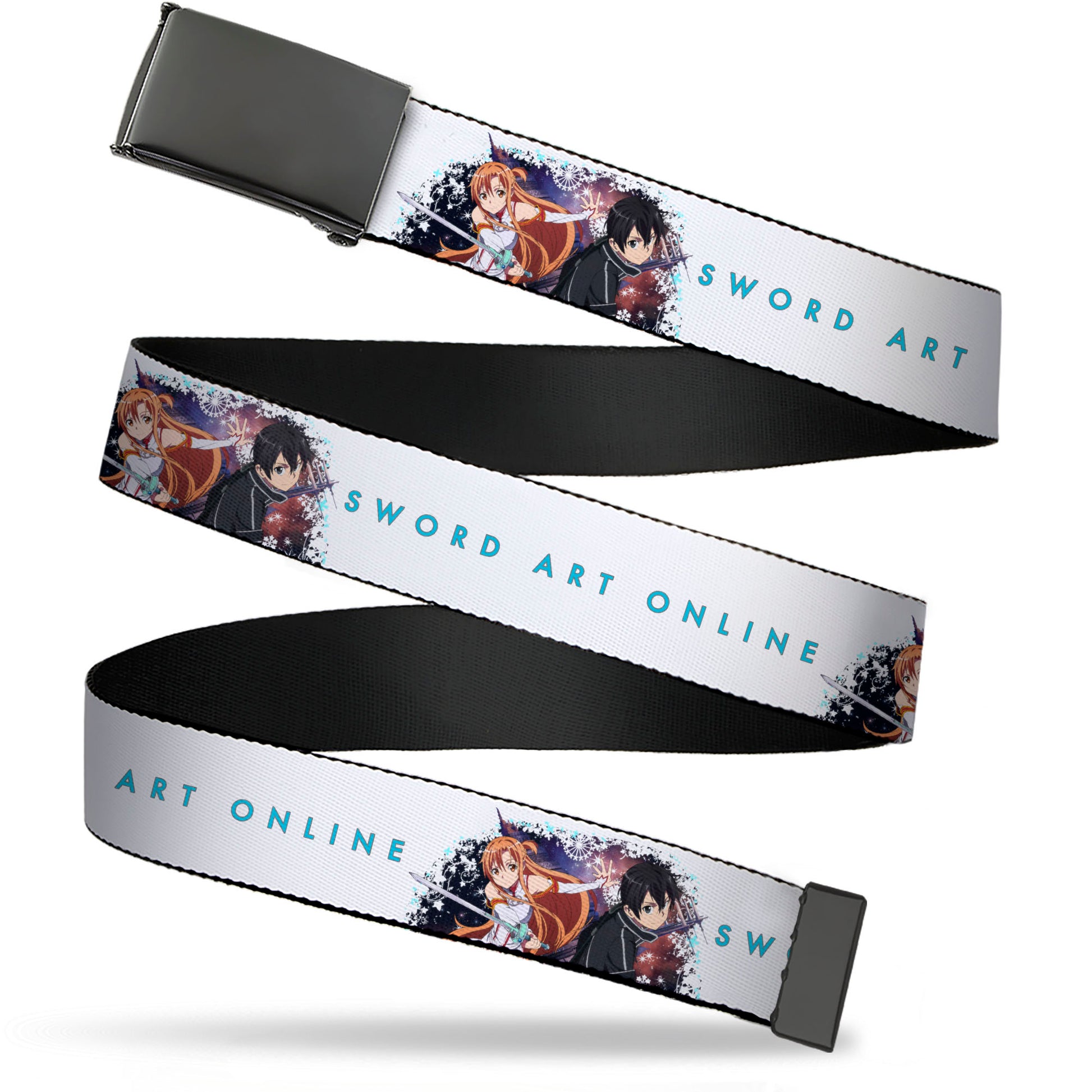 Web Belt Blank Black Buckle - SWORD ART ONLINE Asuna and Kirito Action Pose and Title Logo White Webbing Web Belts Sword Art Online