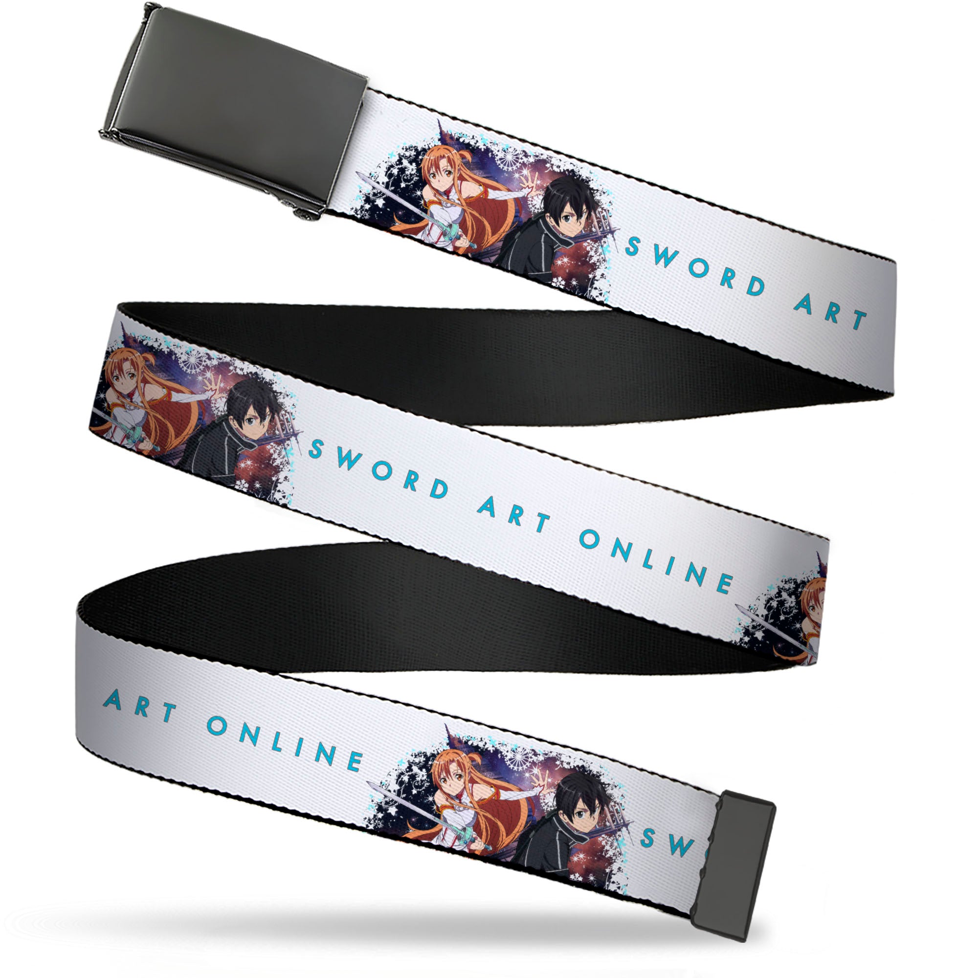 Web Belt Blank Black Buckle - SWORD ART ONLINE Asuna and Kirito Action Pose and Title Logo White Webbing Web Belts Sword Art Online