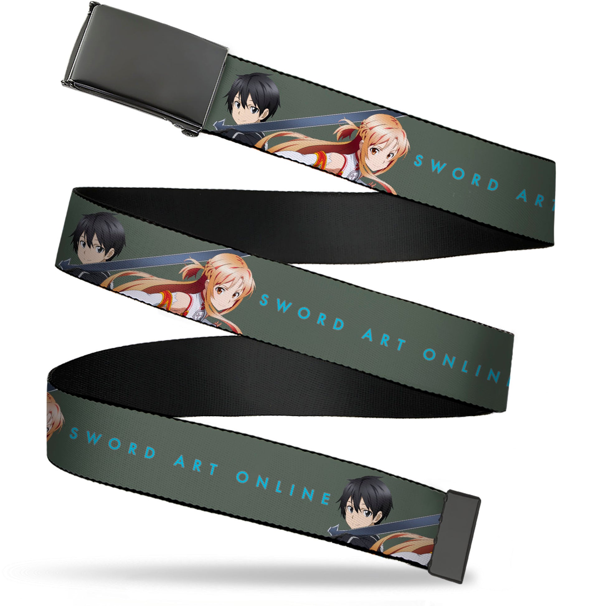 Web Belt Blank Black Buckle - SWORD ART ONLINE Kirito and Asuna Pose and Title Logo Gray Webbing Web Belts Sword Art Online