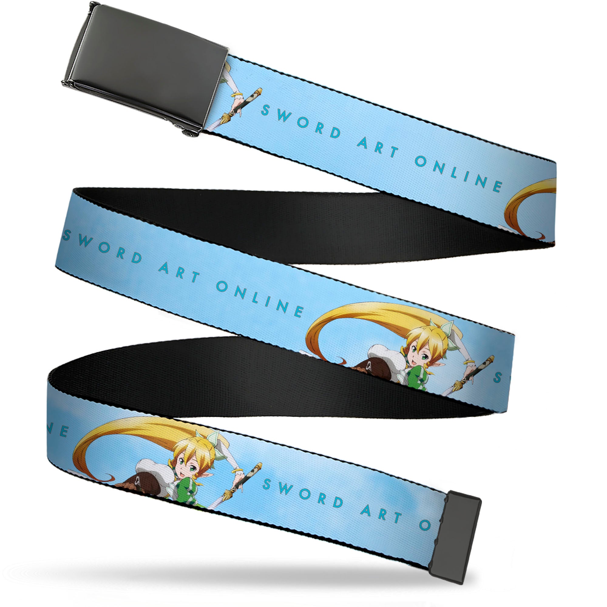 Web Belt Blank Black Buckle - SWORD ART ONLINE Leafa Joyeuse Pose and Title Logo Light Blue Webbing Web Belts Sword Art Online