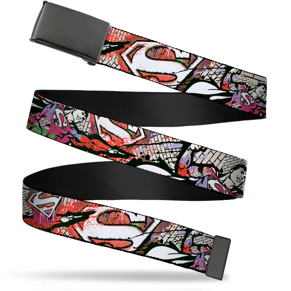 Black Buckle Web Belt - Superman Color Flying Bricks Scene Webbing Web Belts DC Comics   