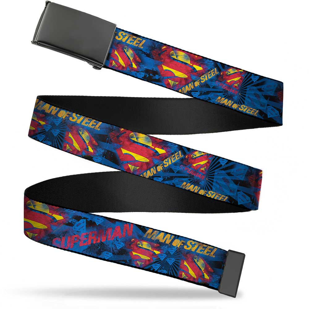 Black Buckle Web Belt - SUPERMAN MAN OF STEEL Shield Collage/Rays Black/Blues/Reds/Yellows Webbing Web Belts DC Comics   