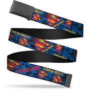 Black Buckle Web Belt - SUPERMAN MAN OF STEEL Shield Collage/Rays Black/Blues/Reds/Yellows Webbing Web Belts DC Comics   