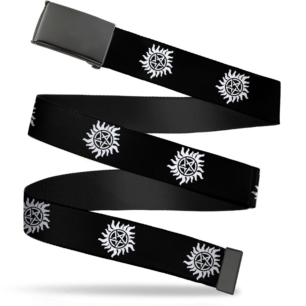 Black Buckle Web Belt - Winchester Pentagram Repeat Black/White Webbing Web Belts Supernatural   
