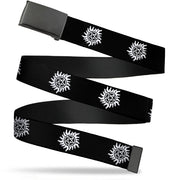 Black Buckle Web Belt - Winchester Pentagram Repeat Black/White Webbing Web Belts Supernatural   