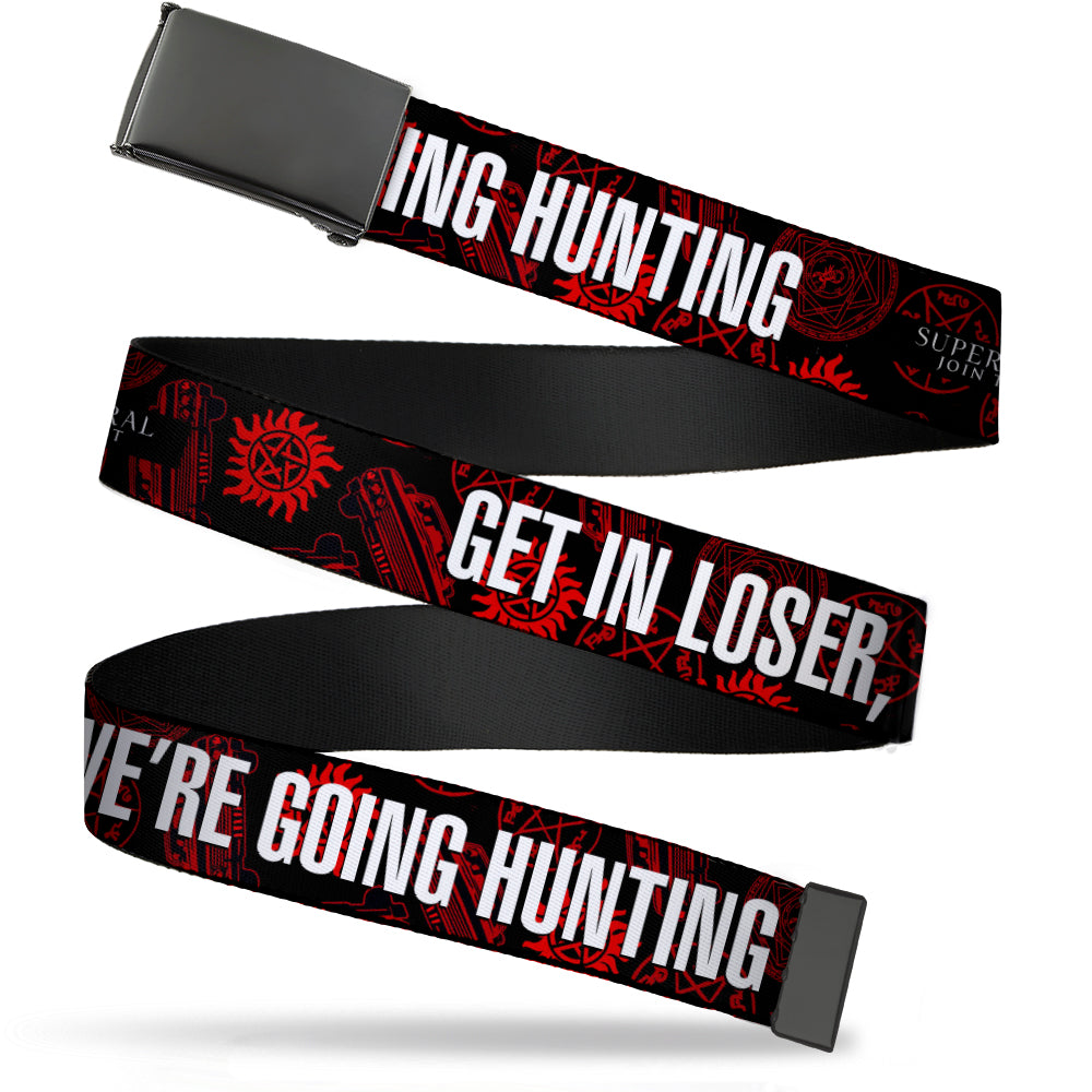 Black Buckle Web Belt - Supernatural GET IN LOSER, WE'RE GOING HUNTING/Symbols Scattered Black/Red/White Webbing Web Belts Supernatural   