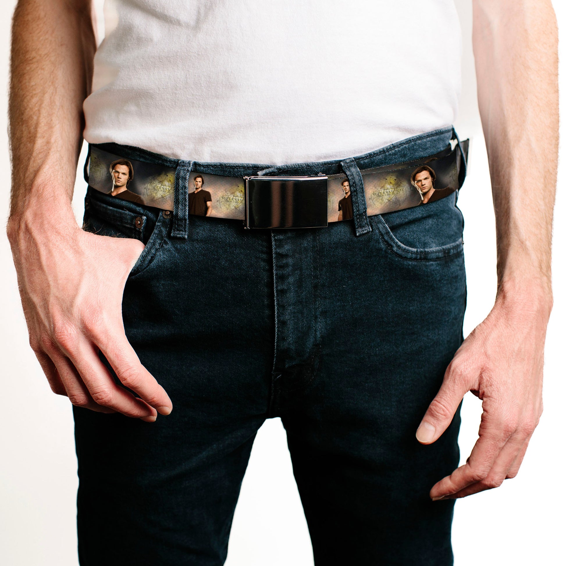 Black Buckle Web Belt - SUPERNATURAL Pentagram/Sam Pose2 Tans Webbing Web Belts Supernatural