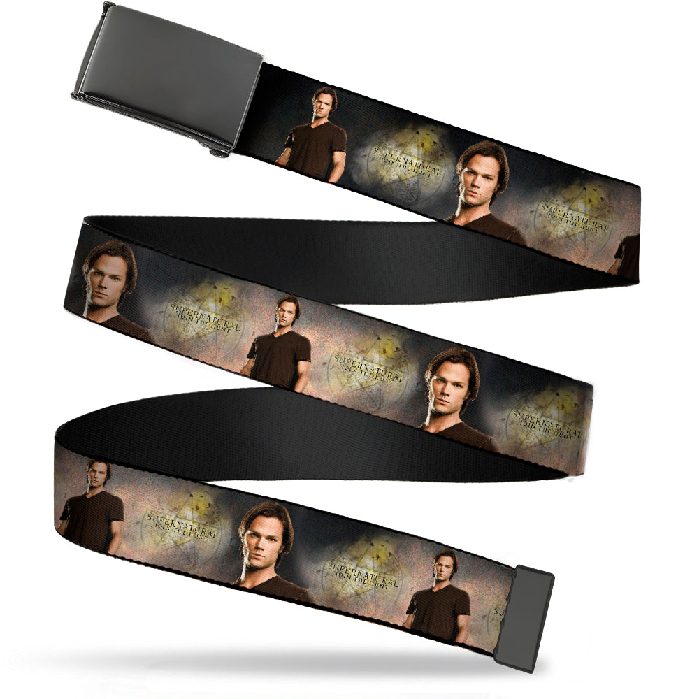 Black Buckle Web Belt - SUPERNATURAL Pentagram/Sam Pose2 Tans Webbing Web Belts Supernatural   