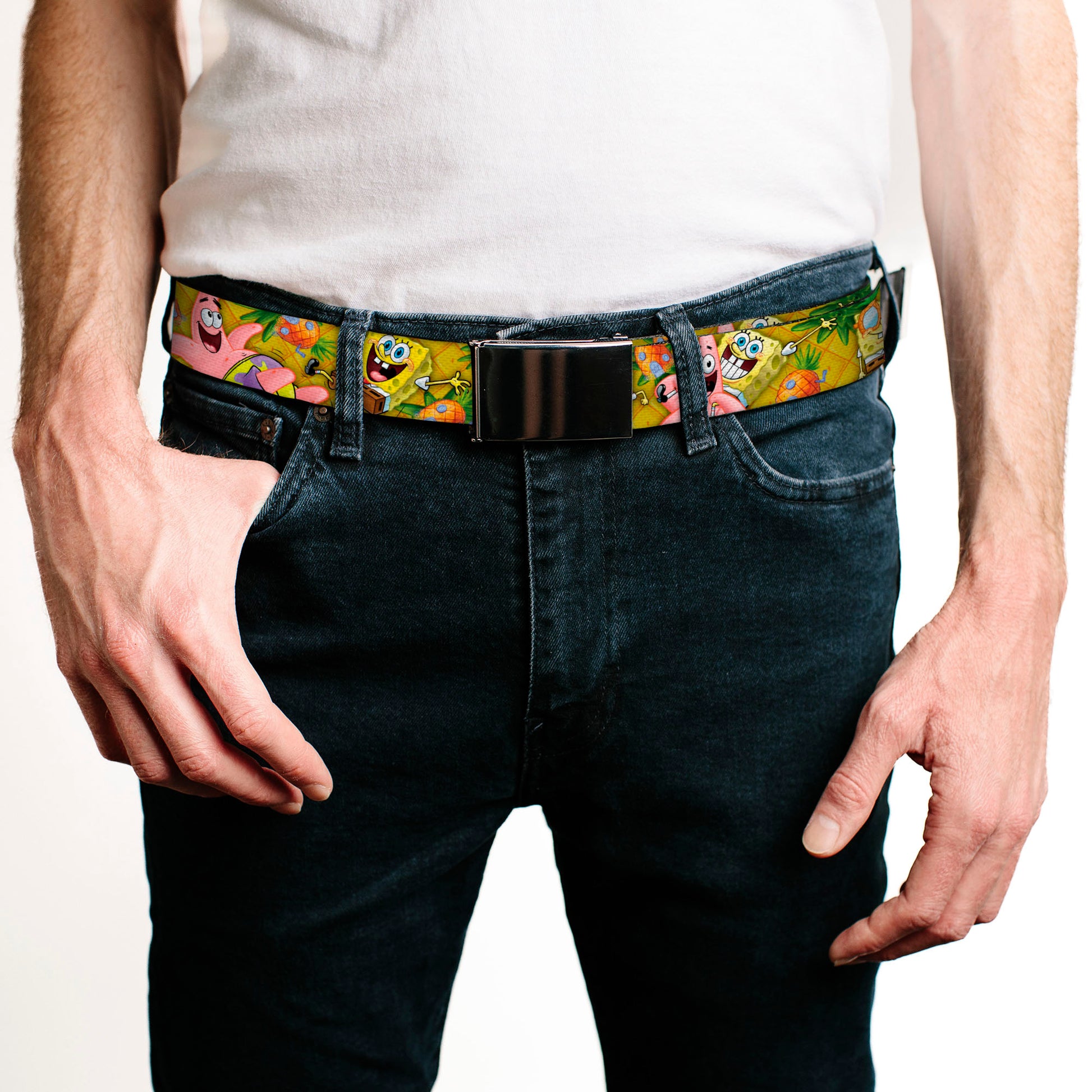 Web Belt Blank Black Buckle - SpongeBob & Patrick Starfish Poses Pineapple Gold Webbing Web Belts SpongeBob SquarePants