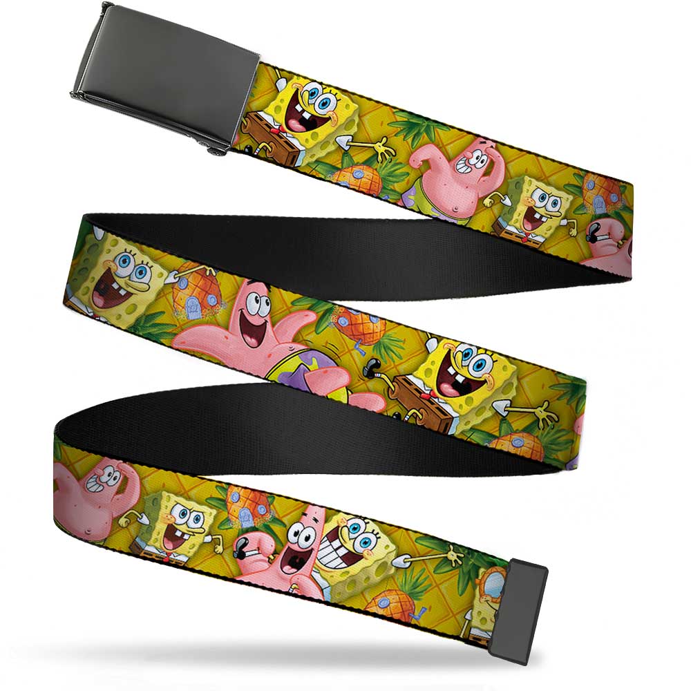 Web Belt Blank Black Buckle - SpongeBob & Patrick Starfish Poses Pineapple Gold Webbing Web Belts SpongeBob SquarePants
