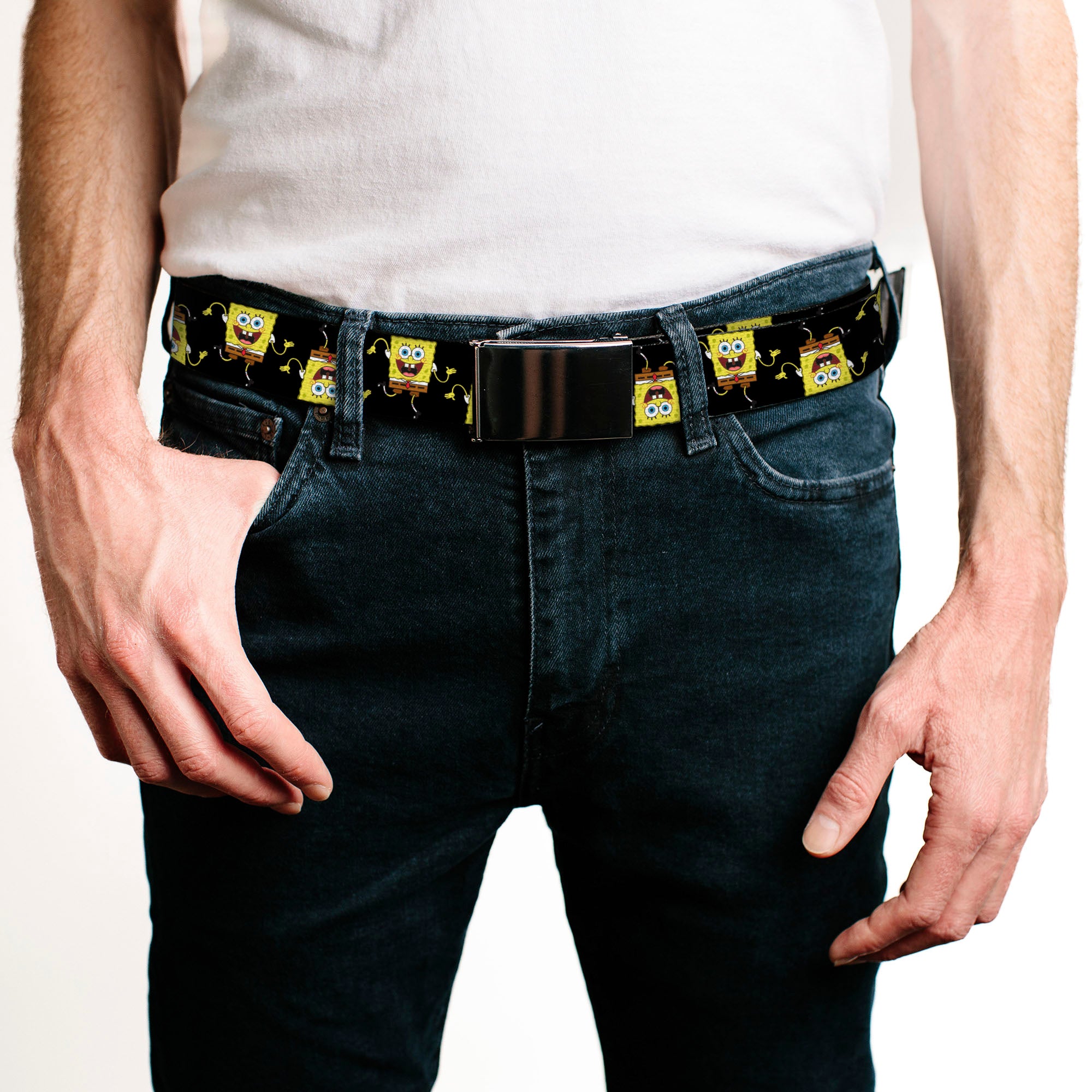 Black Buckle Web Belt - SpongeBob Wavy Arm Pose Flip Black Webbing Web Belts SpongeBob SquarePants