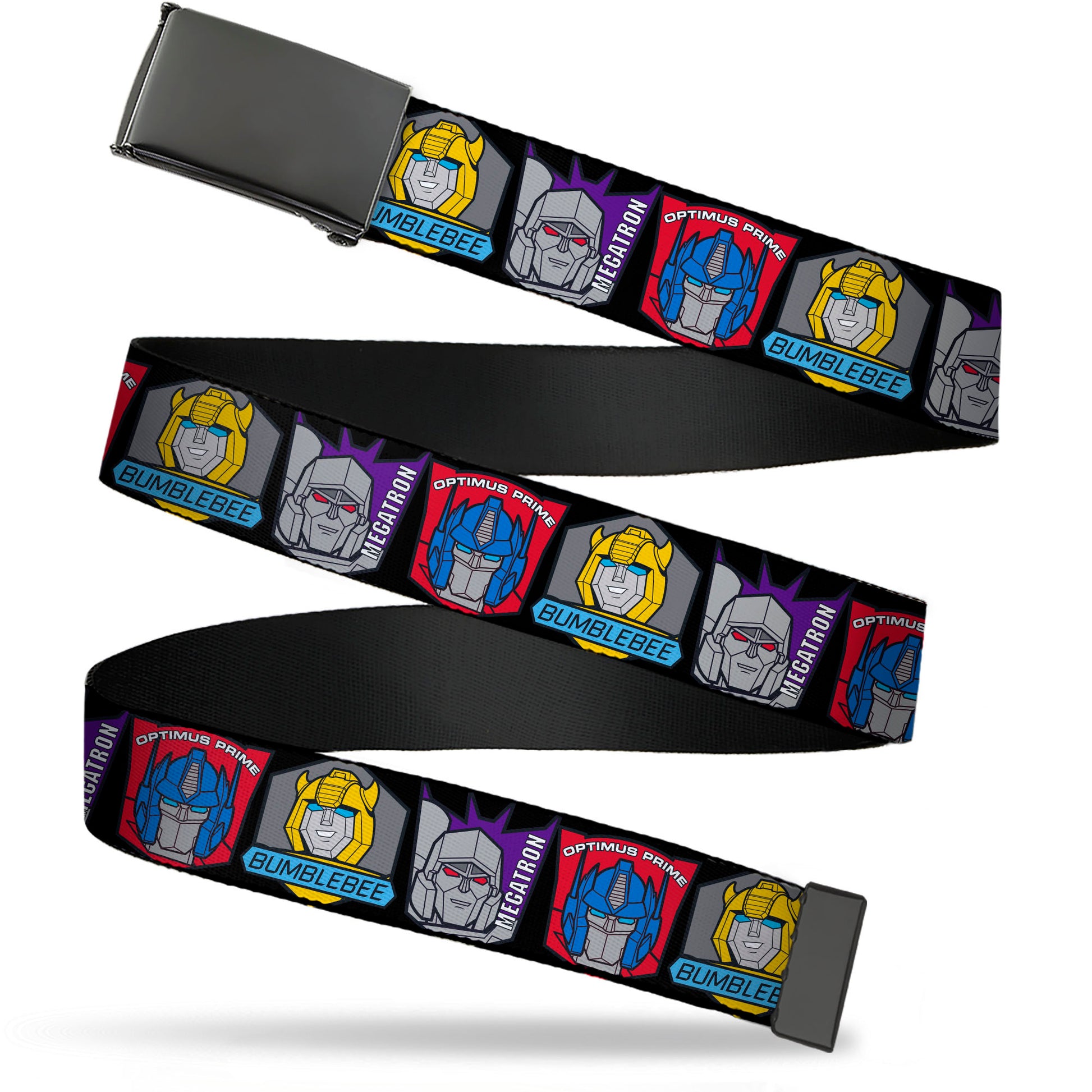 Web Belt Blank Black Buckle - Transformers Character Trio Face and Name Icons Black/Multi Color Webbing Web Belts Transformers