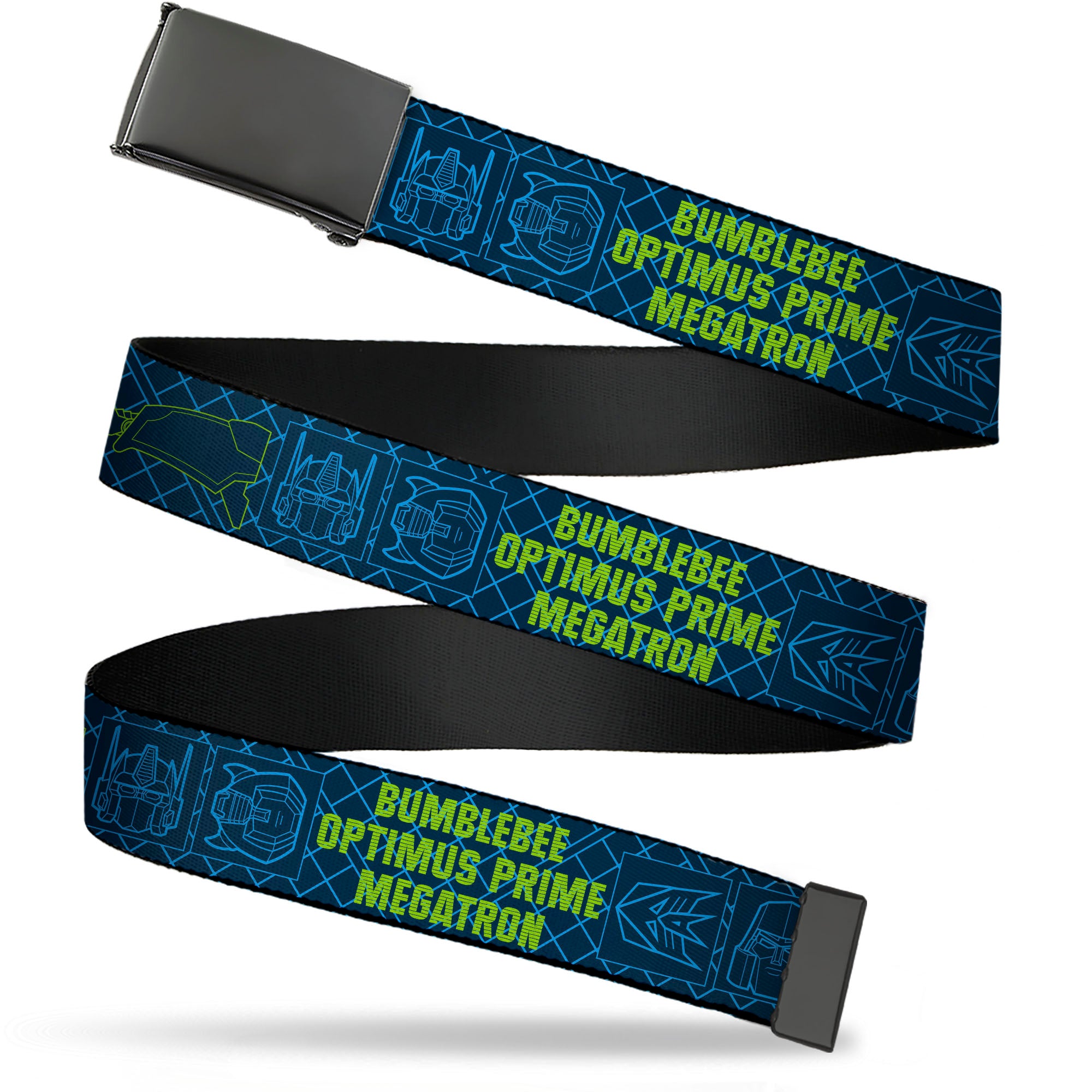 Web Belt Blank Black Buckle - Transformers Character Trio Text and Faces Blues/Yellows Webbing Web Belts Transformers