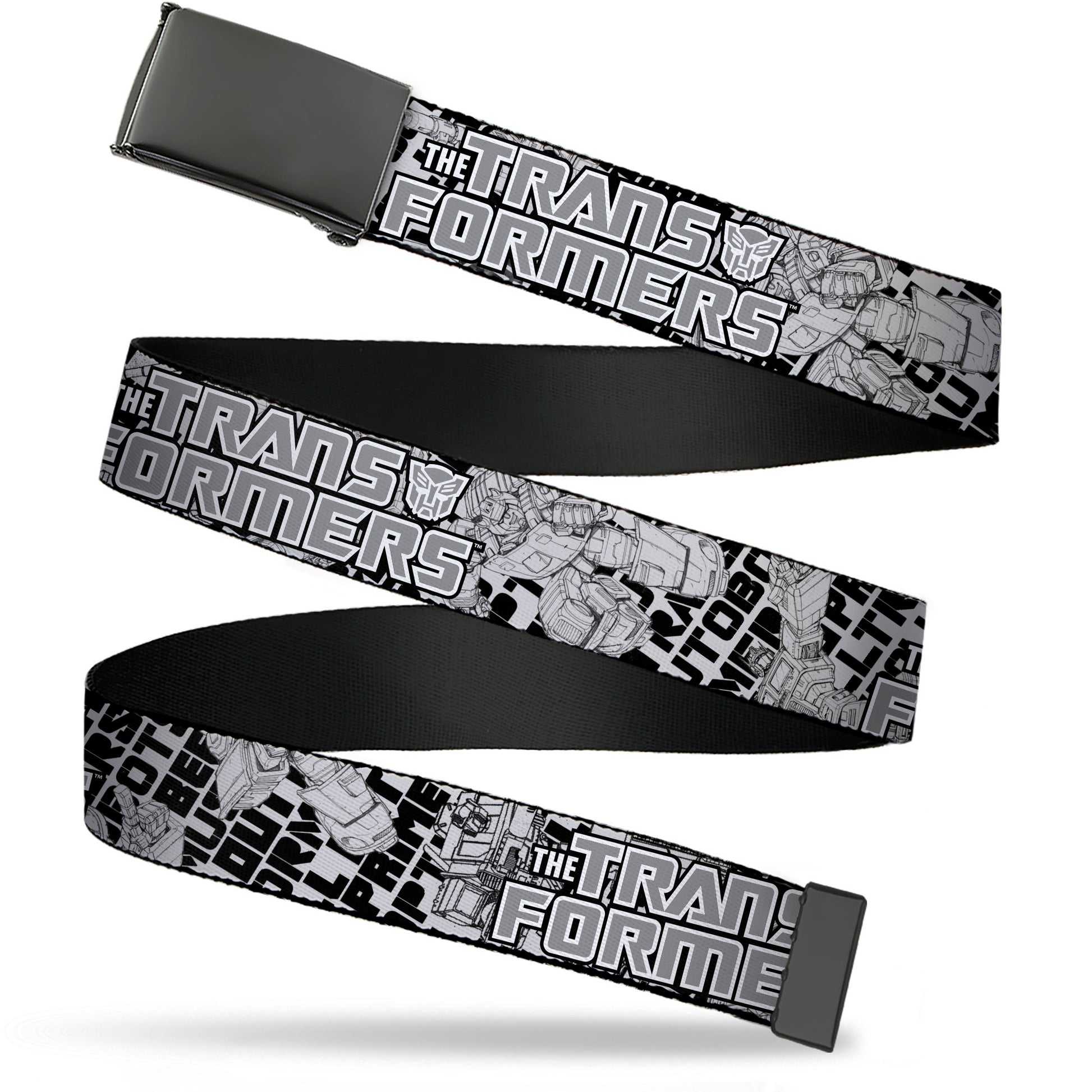 Web Belt Blank Black Buckle - THE TRANSFORMERS Robots and Text Collage White/Black/Gray Webbing Web Belts Transformers