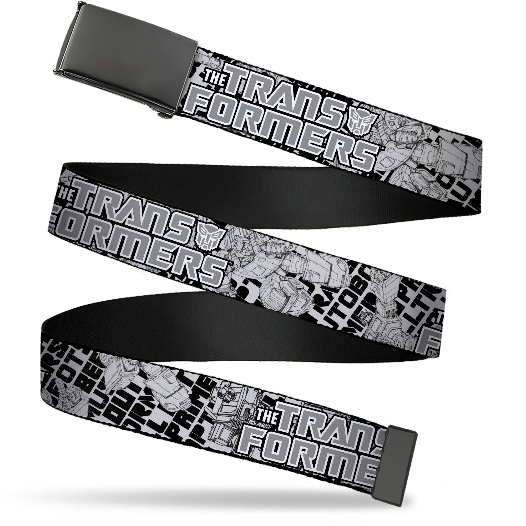 Web Belt Blank Black Buckle - THE TRANSFORMERS Robots and Text Collage White/Black/Gray Webbing Web Belts Transformers