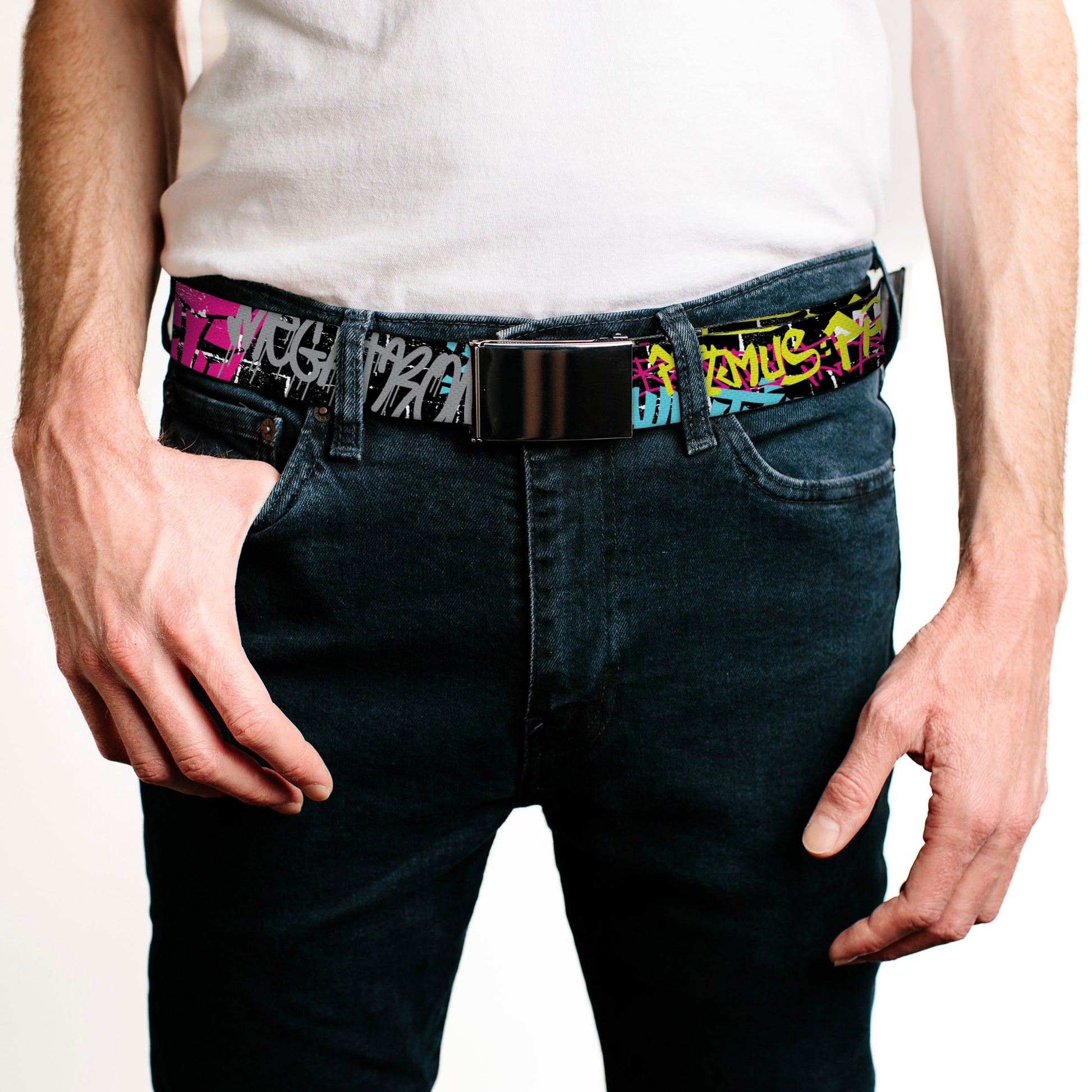 Web Belt Blank Black Buckle - Transformers Icons and Names Graffiti Collage Black/Multi Color Webbing Web Belts Transformers