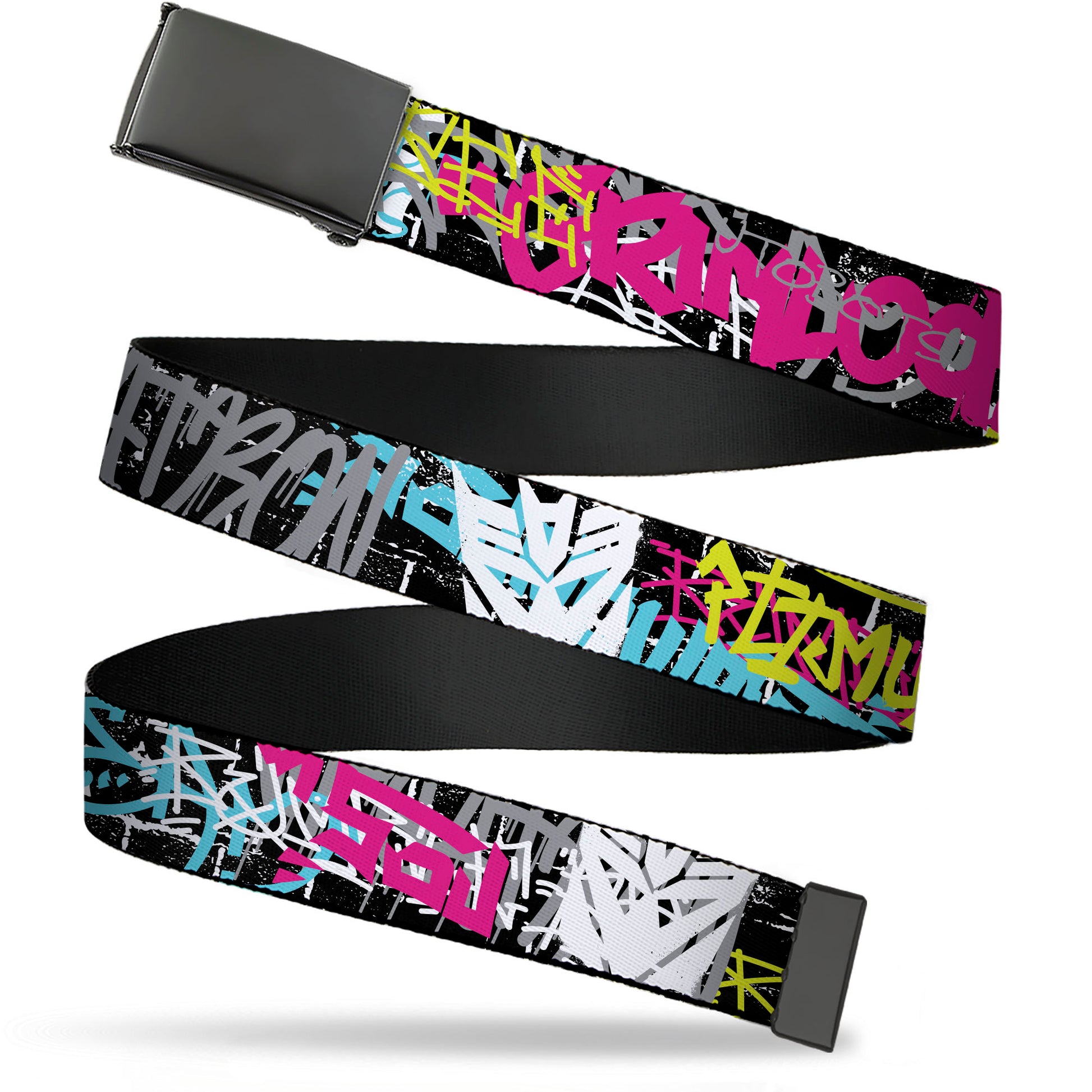 Web Belt Blank Black Buckle - Transformers Icons and Names Graffiti Collage Black/Multi Color Webbing Web Belts Transformers