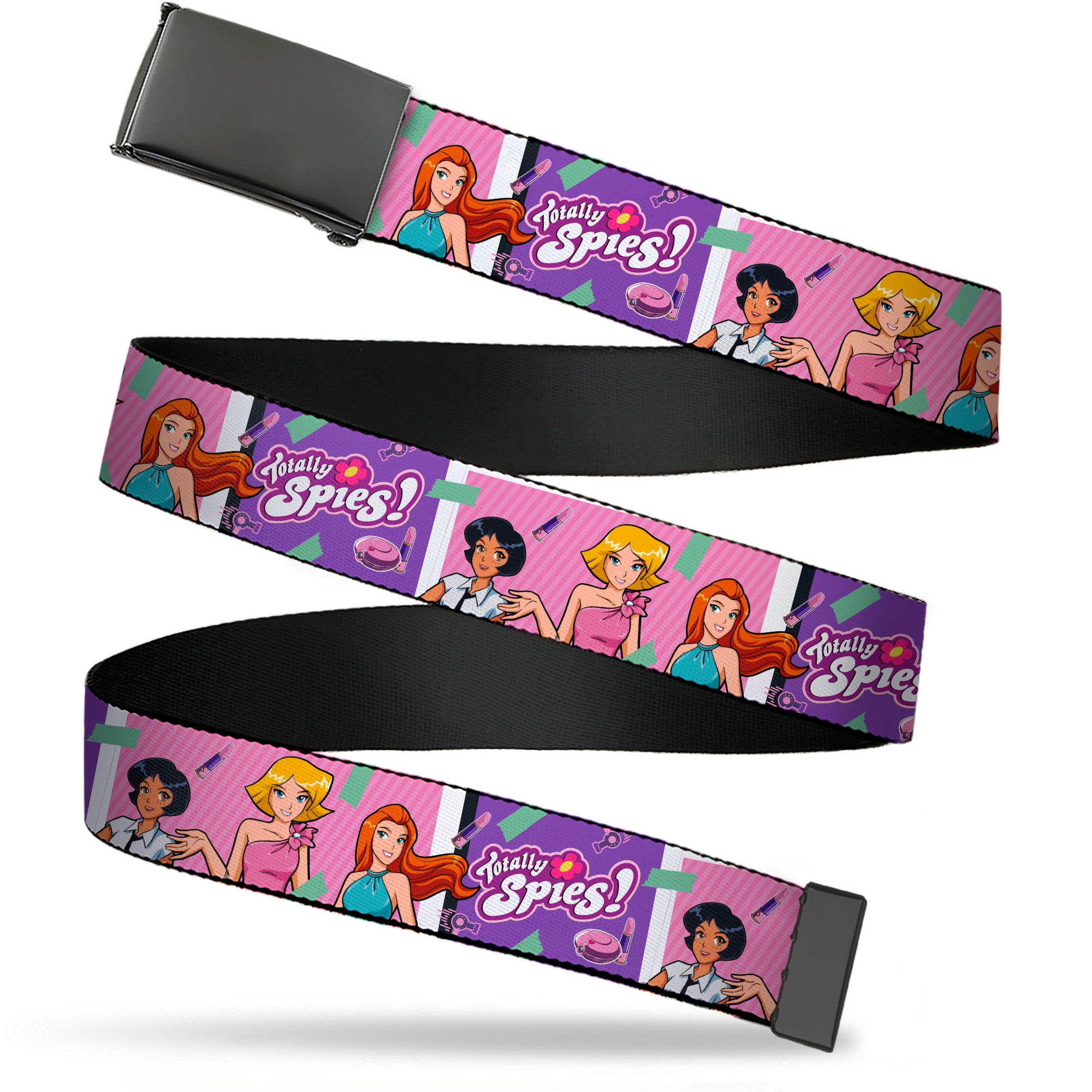 Web Belt Blank Black Buckle - TOTALLY SPIES Girls Group Pose and Title Logo Blue/Pink Webbing Web Belts Totally Spies!