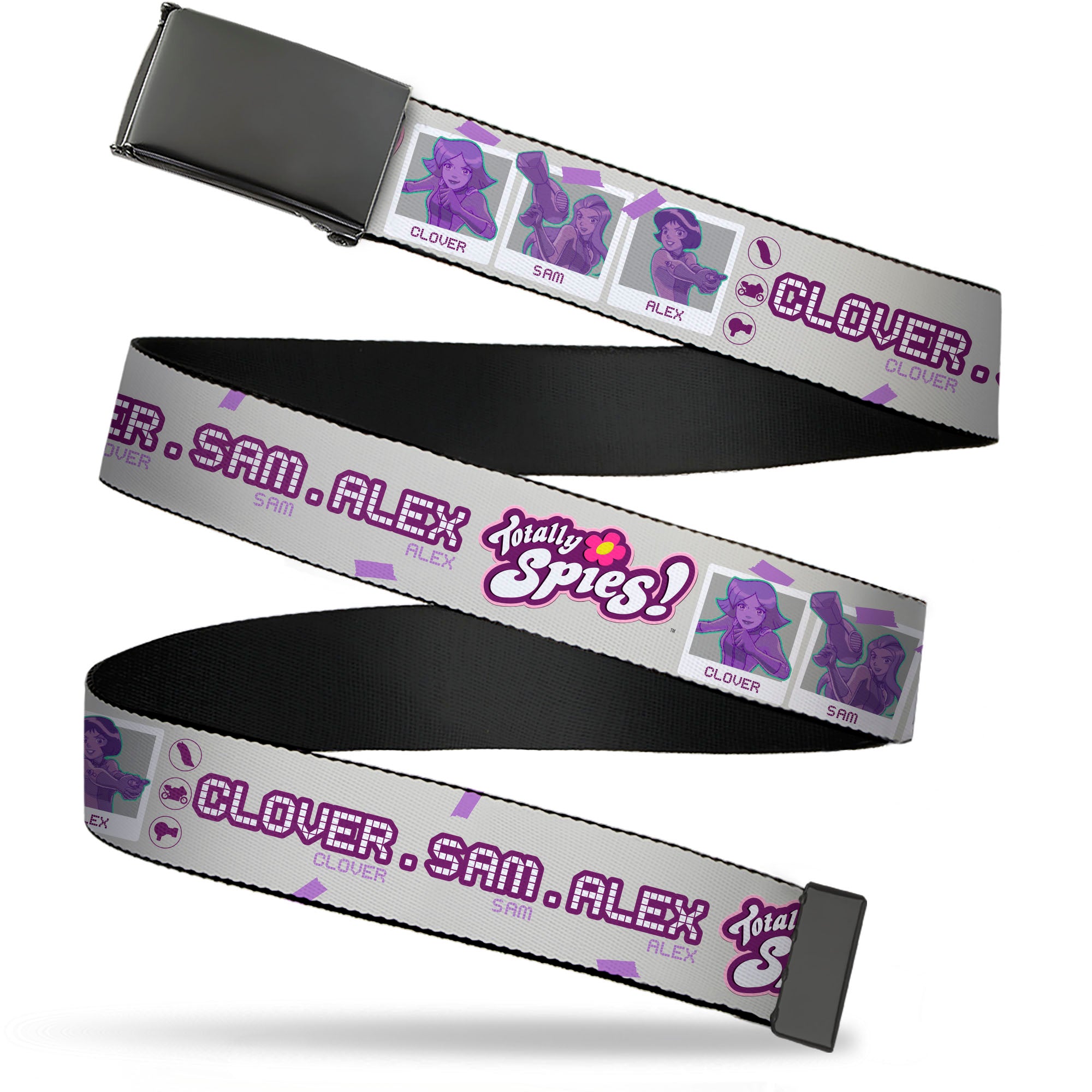 Web Belt Blank Black Buckle - TOTALLY SPIES CLOVER SAM ALEX Pose Blocks and Text White/Purple/Blue Webbing Web Belts Totally Spies!