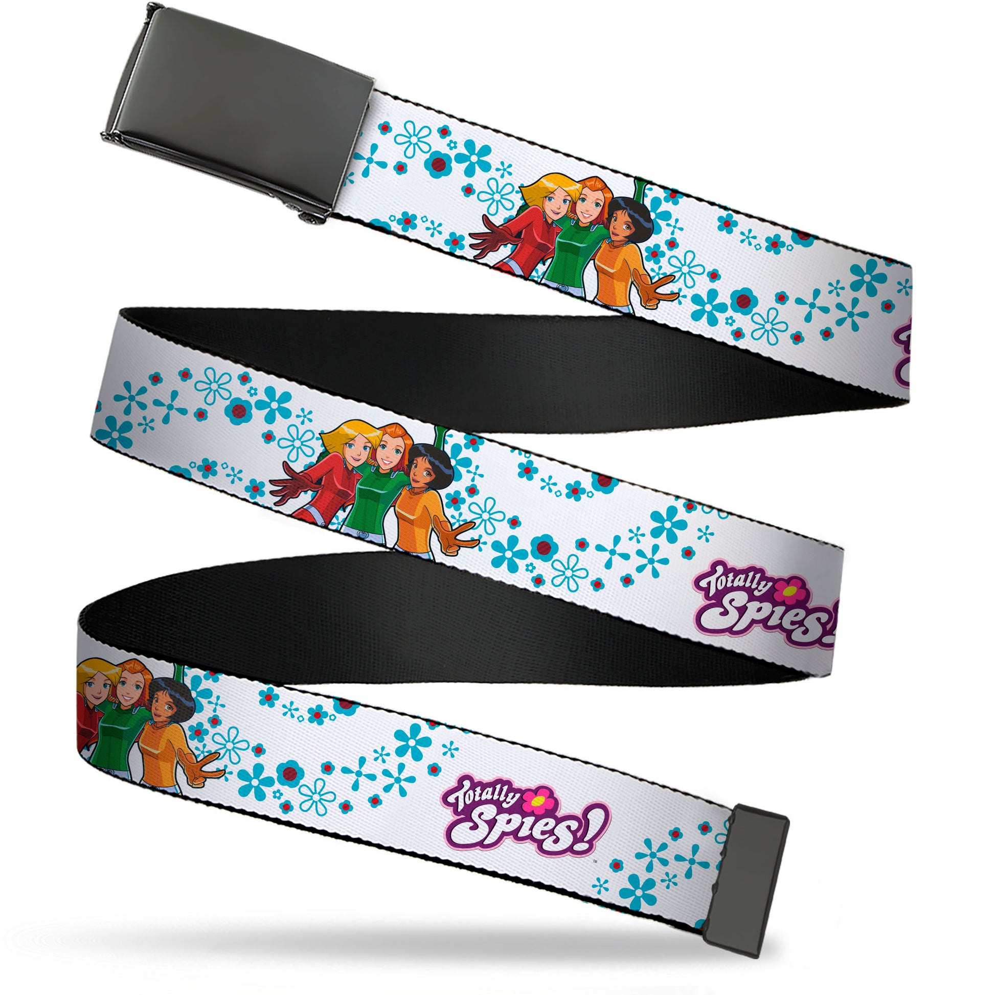 Web Belt Blank Black Buckle - TOTALLY SPIES Group Pose and Flowers White/Blues Webbing Web Belts Totally Spies!