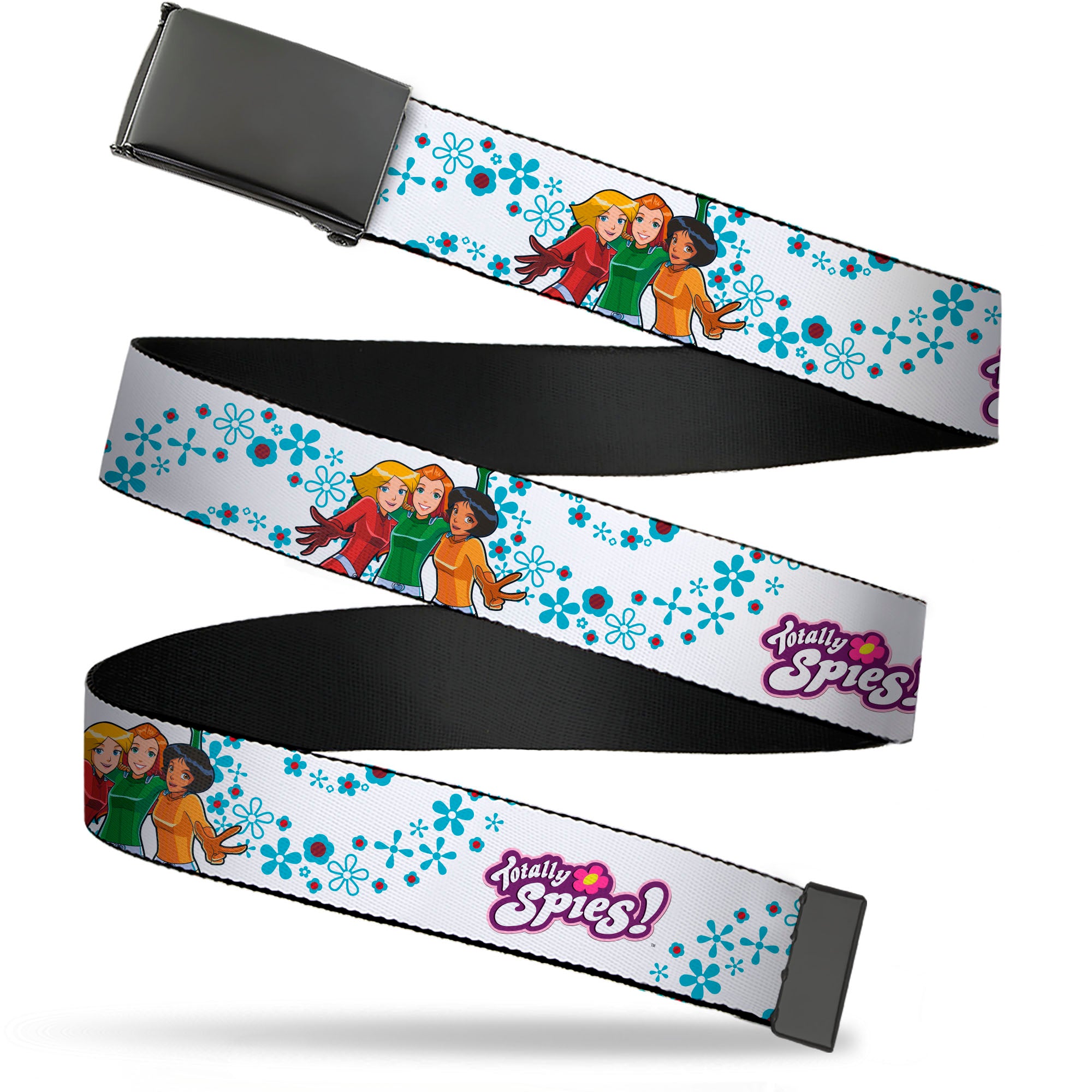 Web Belt Blank Black Buckle - TOTALLY SPIES Group Pose and Flowers White/Blues Webbing Web Belts Totally Spies!