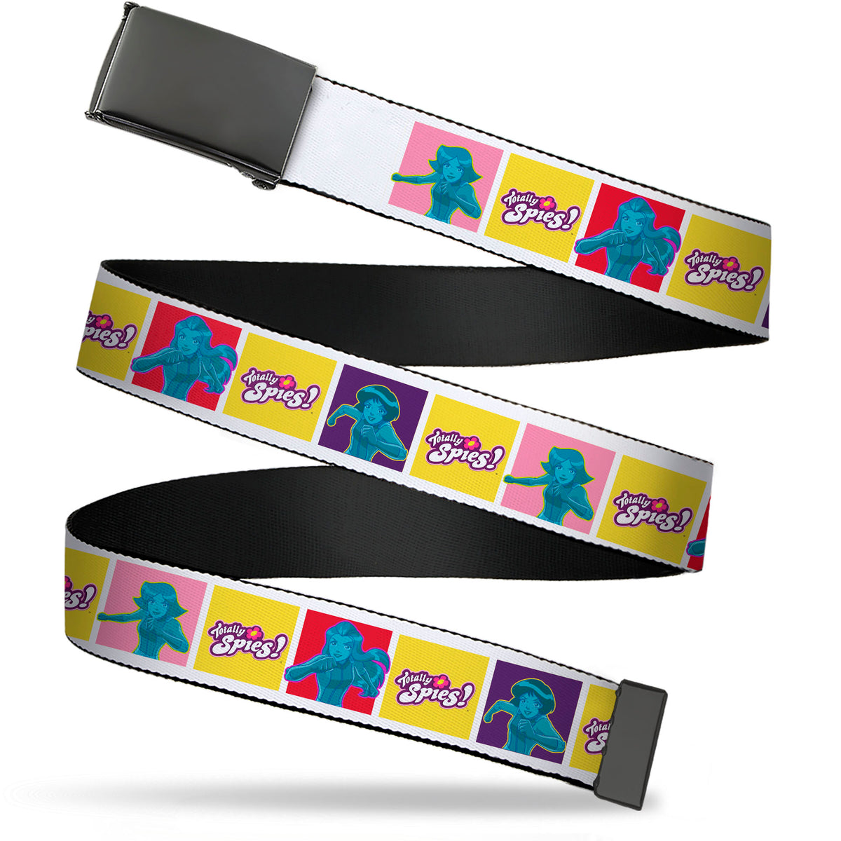 Web Belt Blank Black Buckle - TOTALLY SPIES Title Logo and Character Pose Blocks Multi Color Webbing Web Belts Totally Spies!