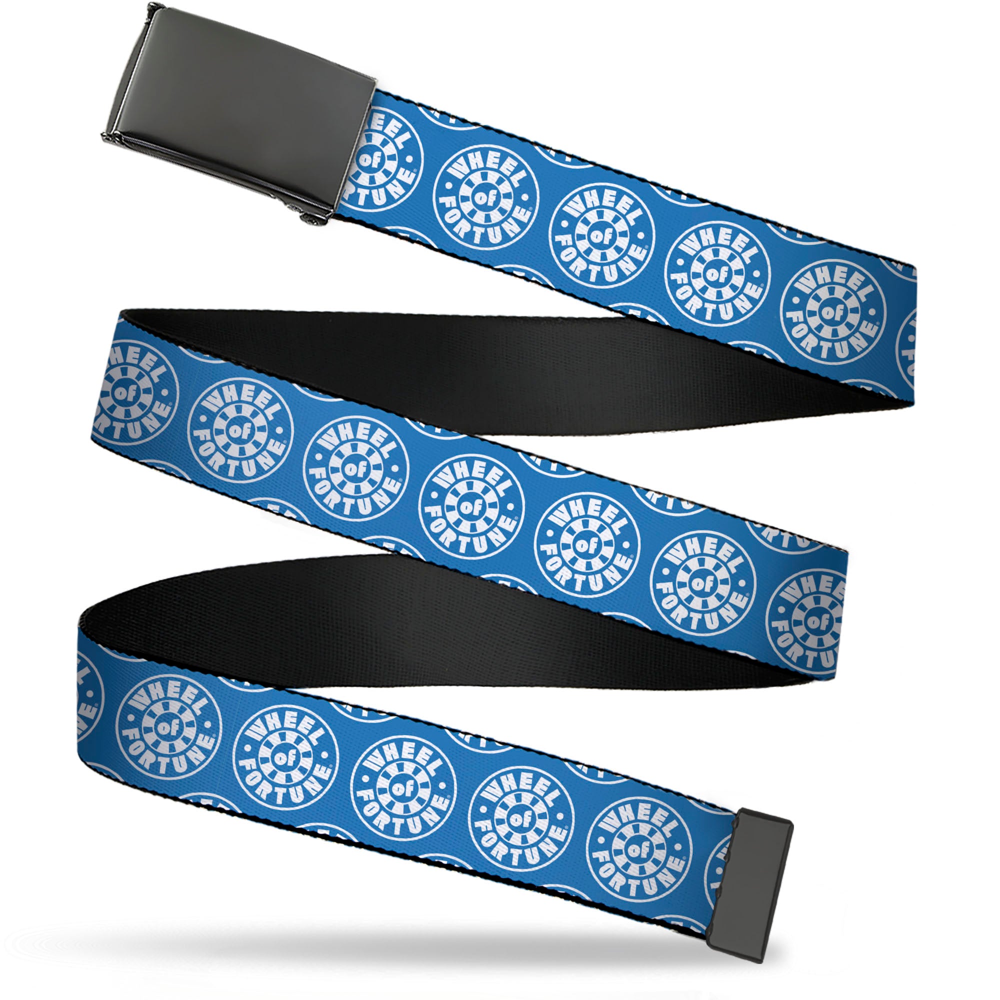 Web Belt Blank Black Buckle - WHEEL OF FORTUNE Logo Blue/White Webbing Web Belts Wheel of Fortune