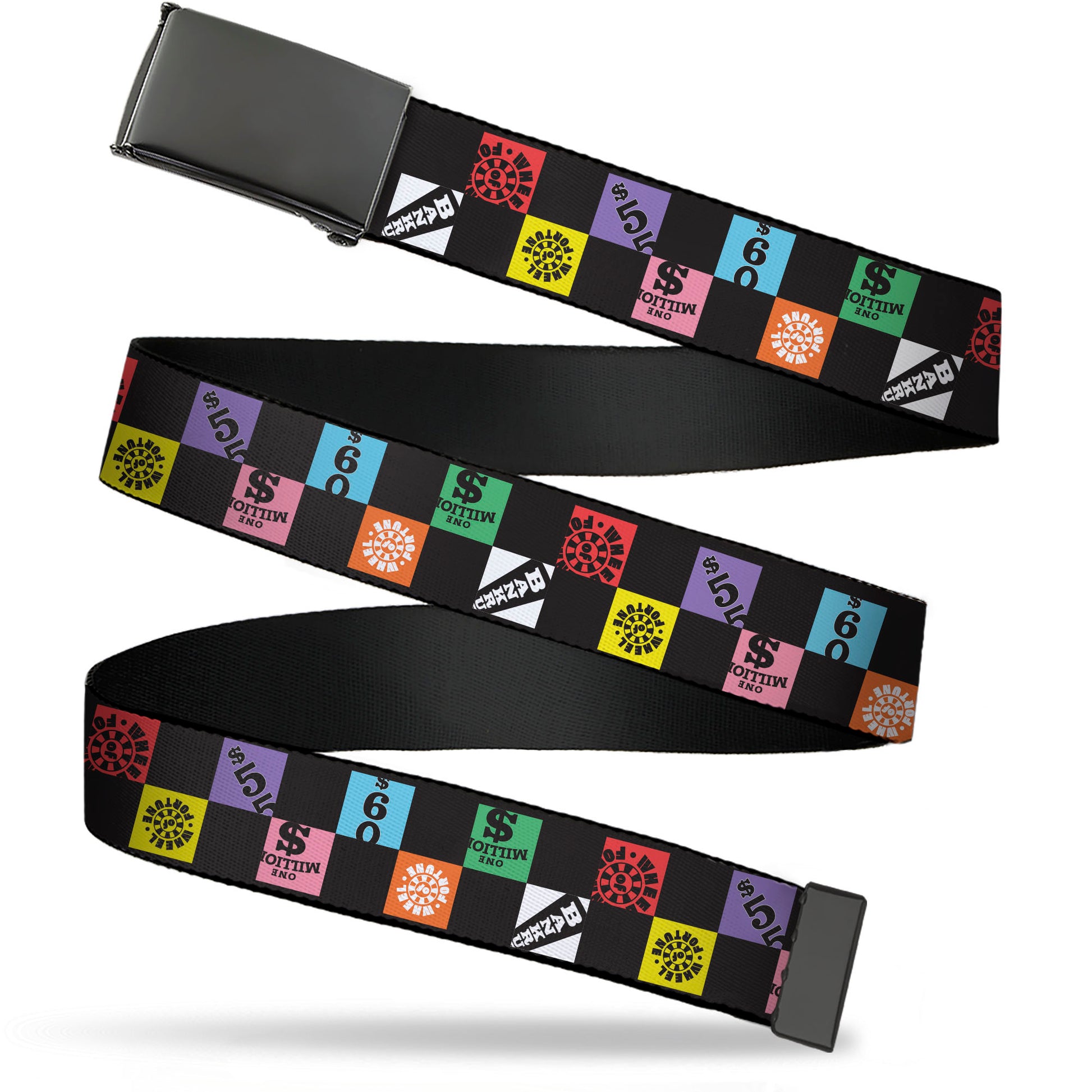 Web Belt Blank Black Buckle - WHEEL OF FORTUNE Checker Icons Black/Multi Color Webbing Web Belts Wheel of Fortune