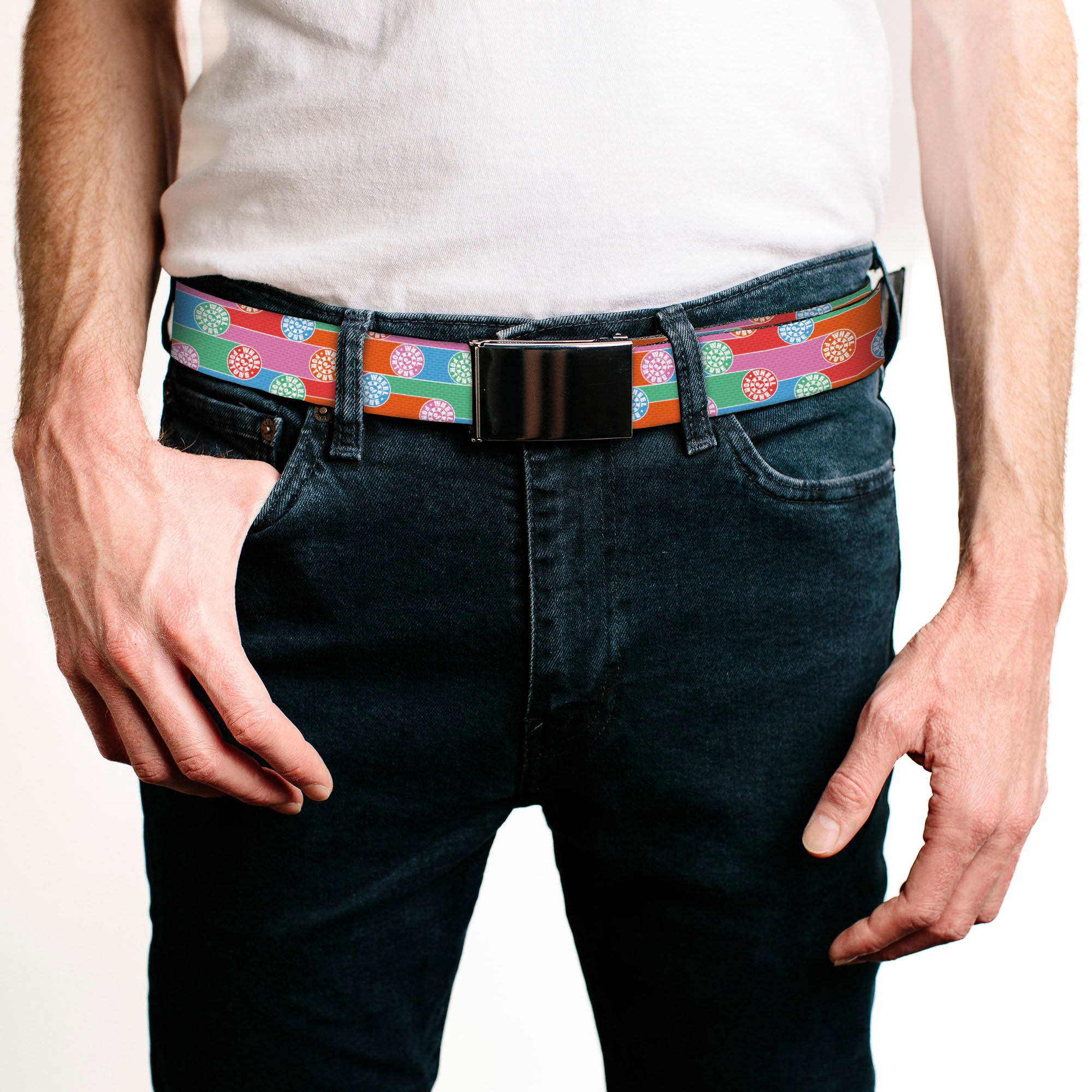 Web Belt Blank Black Buckle - WHEEL OF FORTUNE Wheels Collage Multi Color Webbing Web Belts Wheel of Fortune