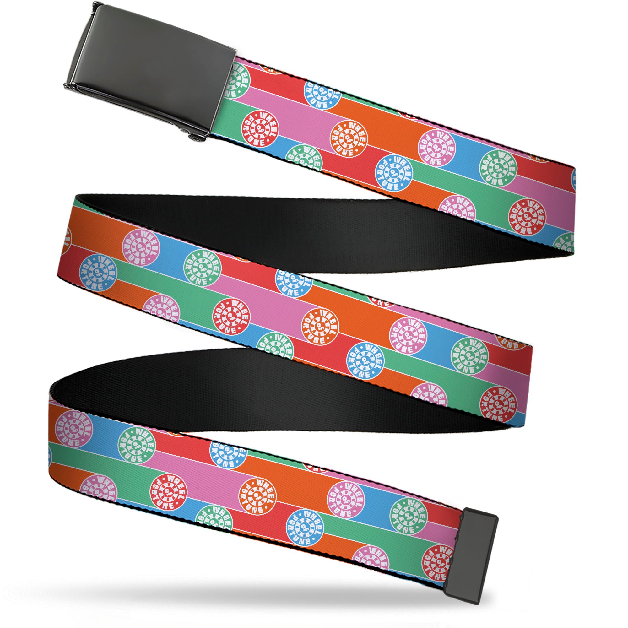 Web Belt Blank Black Buckle - WHEEL OF FORTUNE Wheels Collage Multi Color Webbing Web Belts Wheel of Fortune