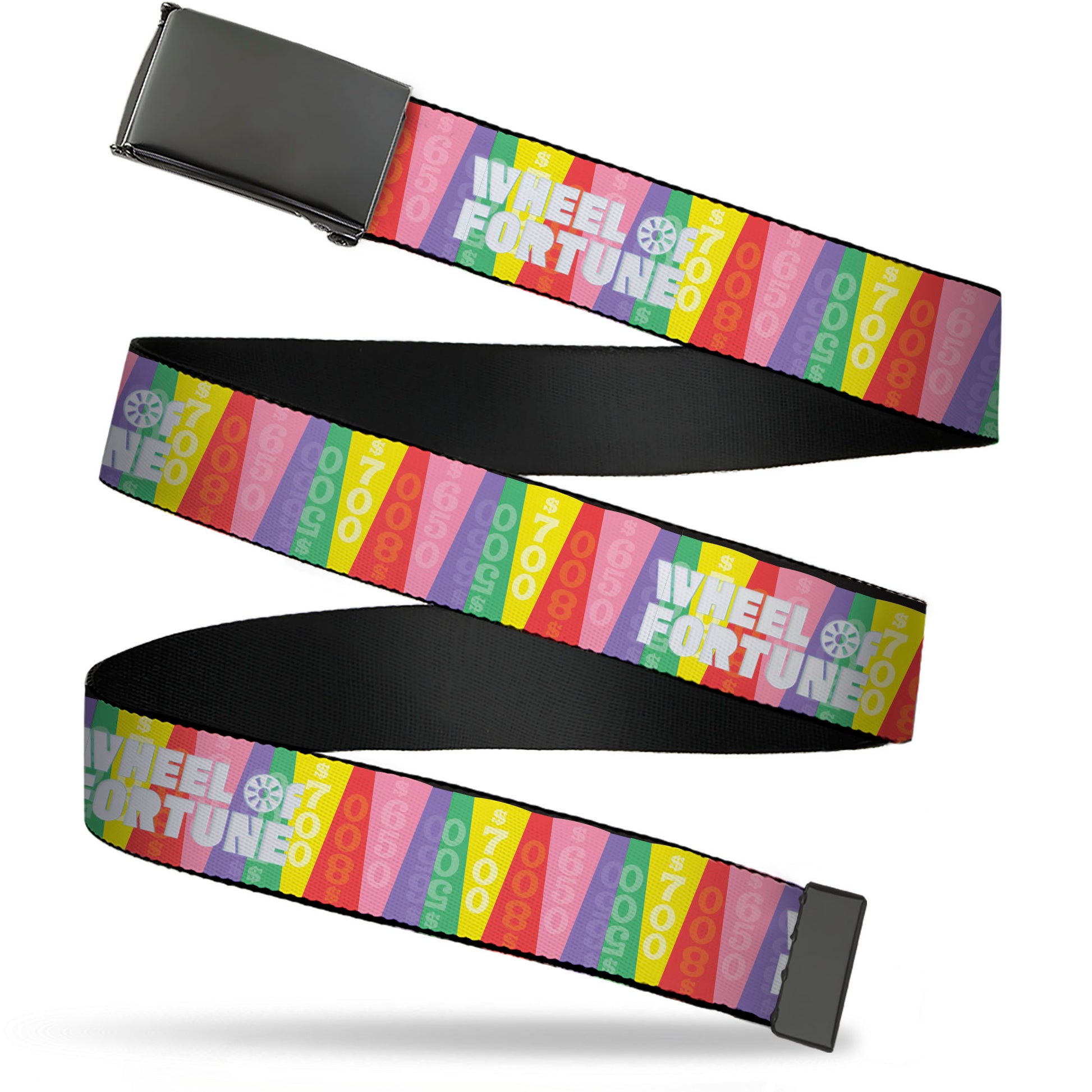 Web Belt Blank Black Buckle - WHEEL OF FORTUNE Cash Prize Wedges Multi Color/White Webbing Web Belts Wheel of Fortune