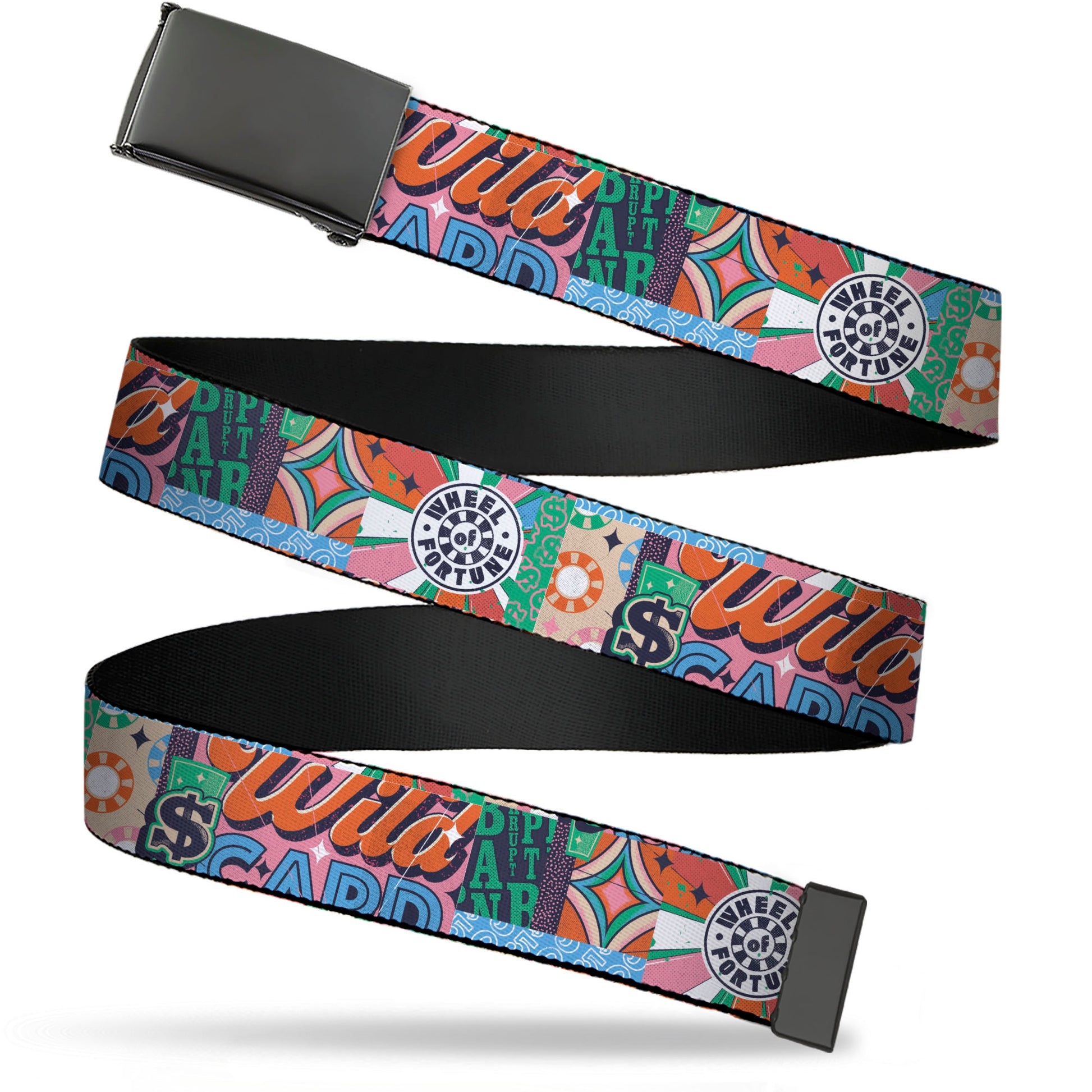 Web Belt Blank Black Buckle - WHEEL OF FORTUNE Logo and WILD CARD Collage Multi Color Webbing Web Belts Wheel of Fortune