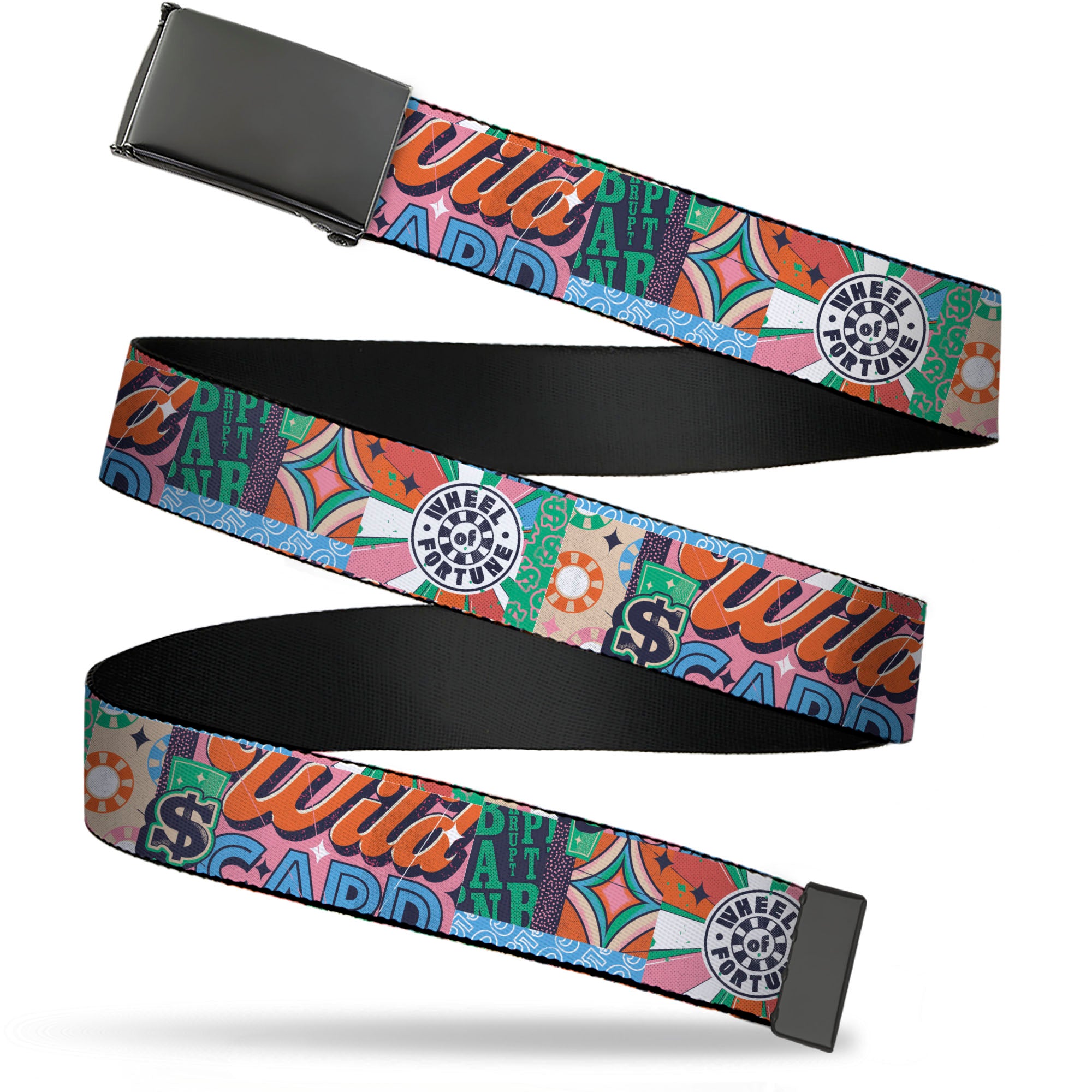 Web Belt Blank Black Buckle - WHEEL OF FORTUNE Logo and WILD CARD Collage Multi Color Webbing Web Belts Wheel of Fortune