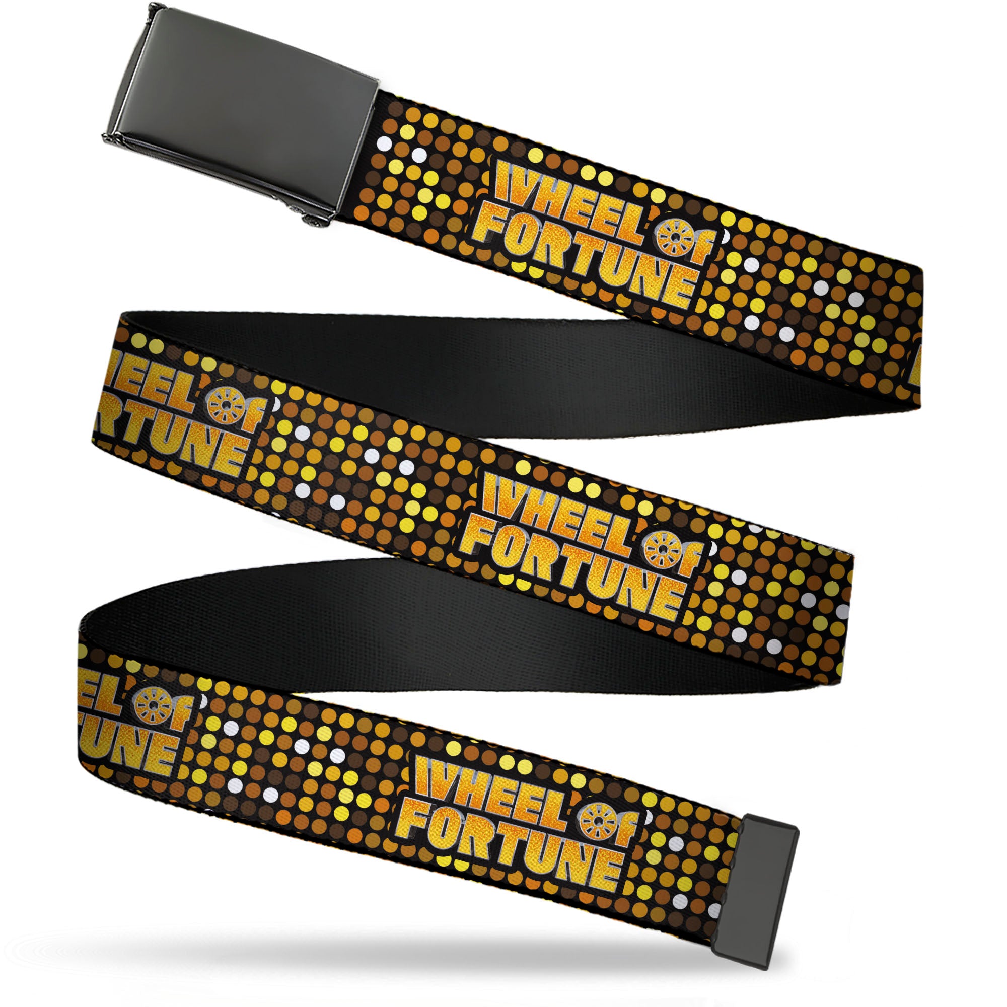 Web Belt Blank Black Buckle - WHEEL OF FORTUNE Title Logo Sequin Dots Black/Oranges/Yellow Webbing Web Belts Wheel of Fortune