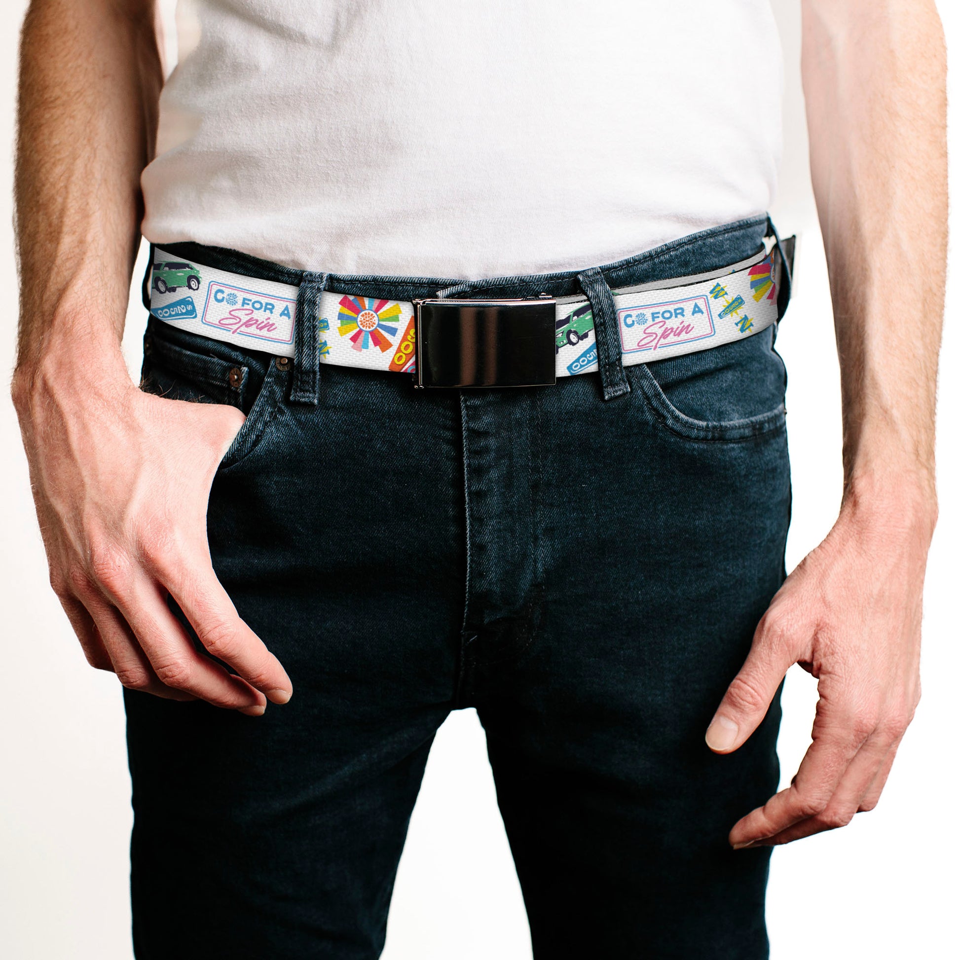Web Belt Blank Black Buckle - Wheel of Fortune GO FOR A SPIN Prize Collage White/Multi Color Webbing Web Belts Wheel of Fortune
