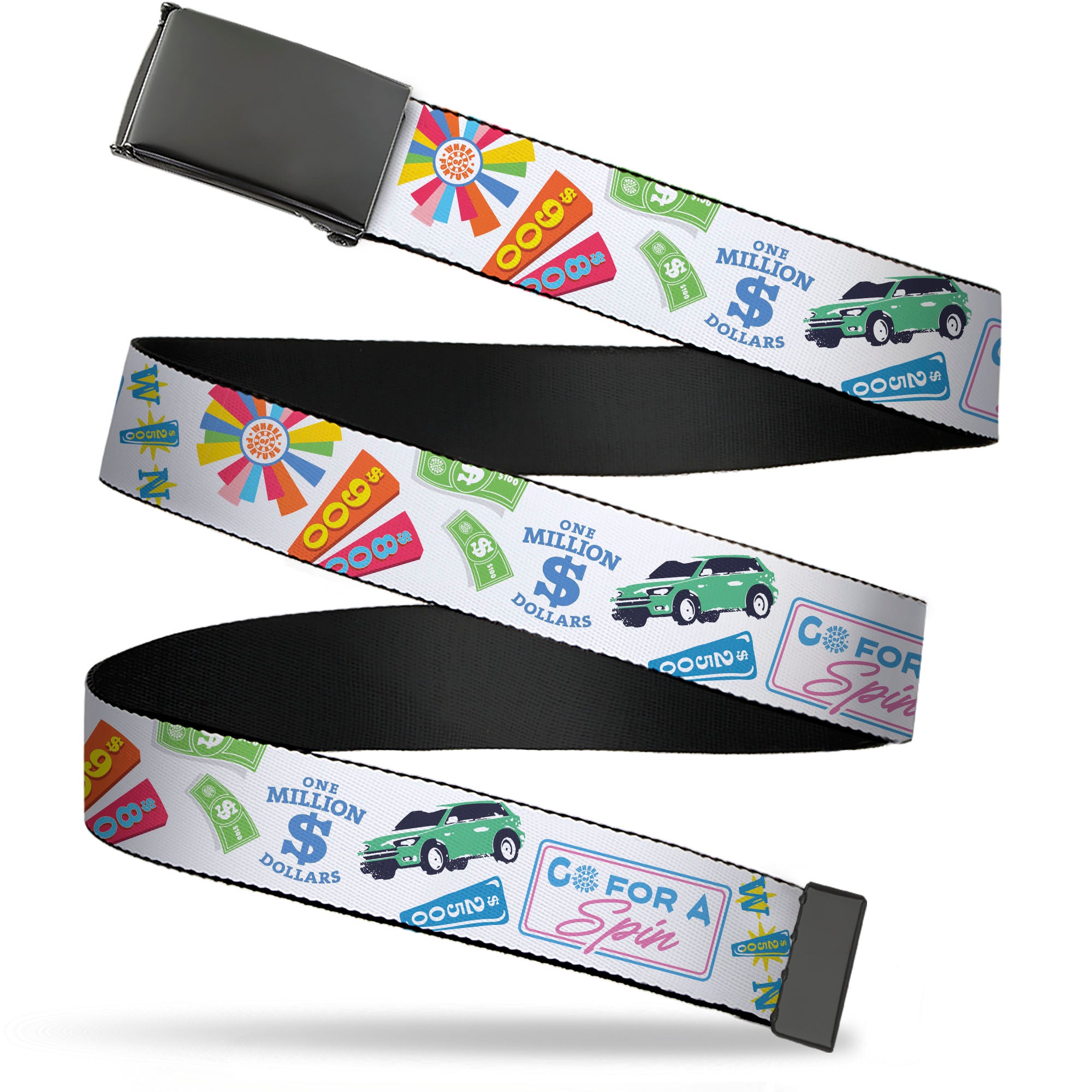 Web Belt Blank Black Buckle - Wheel of Fortune GO FOR A SPIN Prize Collage White/Multi Color Webbing Web Belts Wheel of Fortune