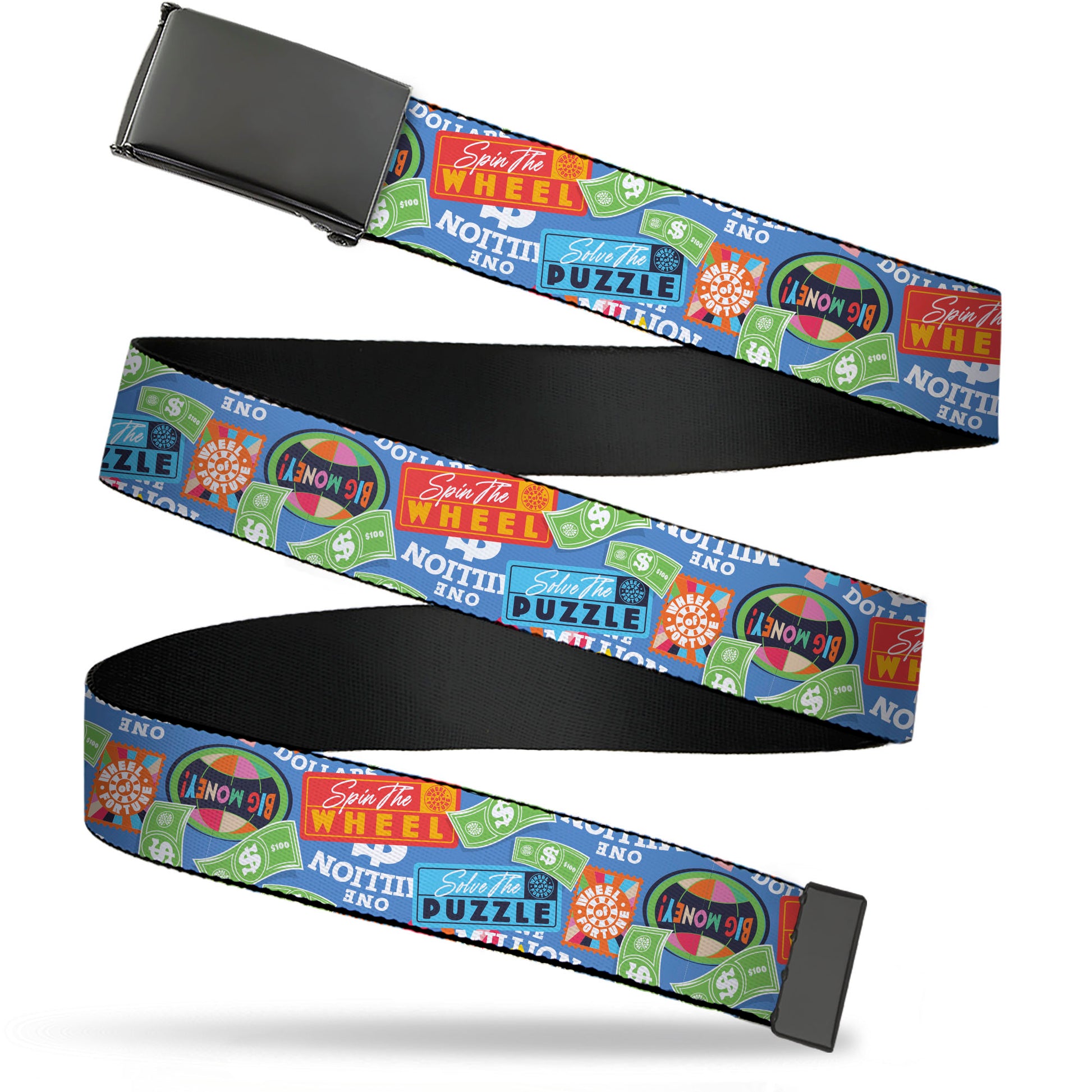 Web Belt Blank Black Buckle - Wheel of Fortune Quotes and Prizes Collage Blue/Multi Color Webbing Web Belts Wheel of Fortune
