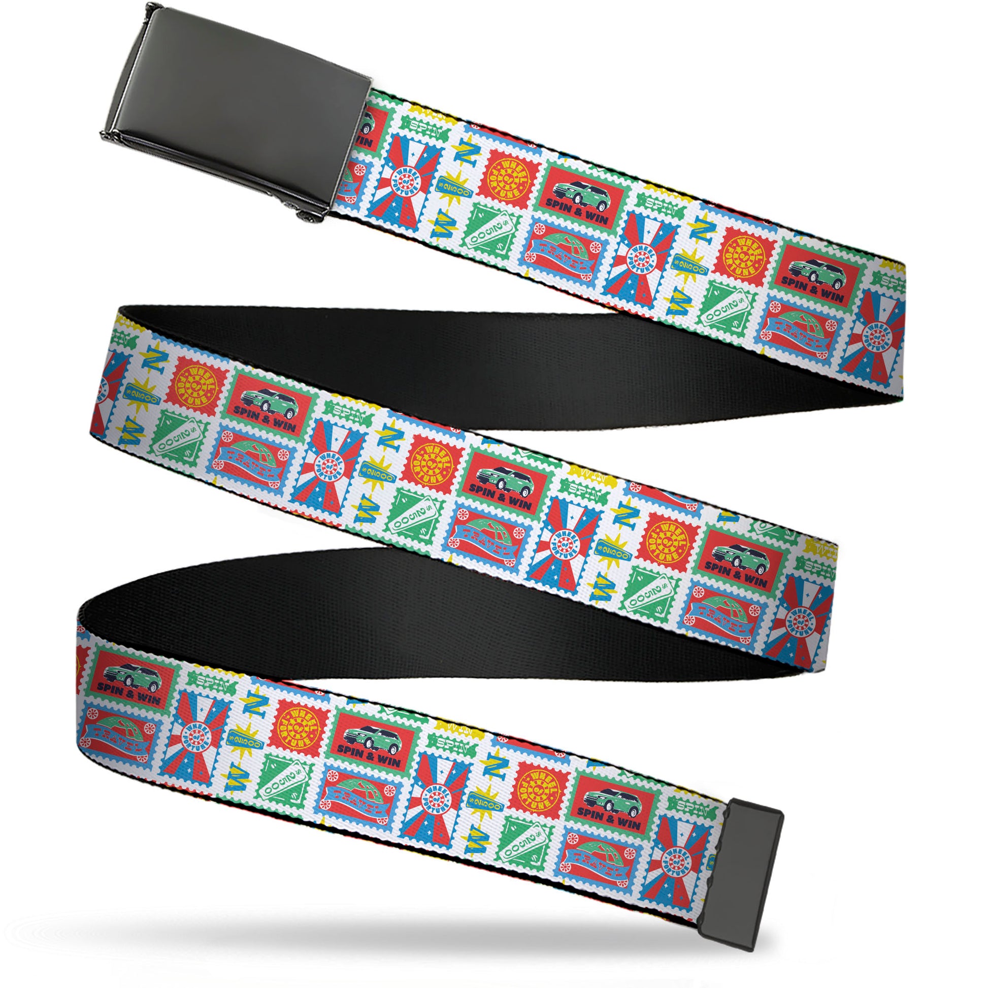 Web Belt Blank Black Buckle - Wheel of Fortune Prize Blocks Collage White/Multi Color Webbing Web Belts Wheel of Fortune