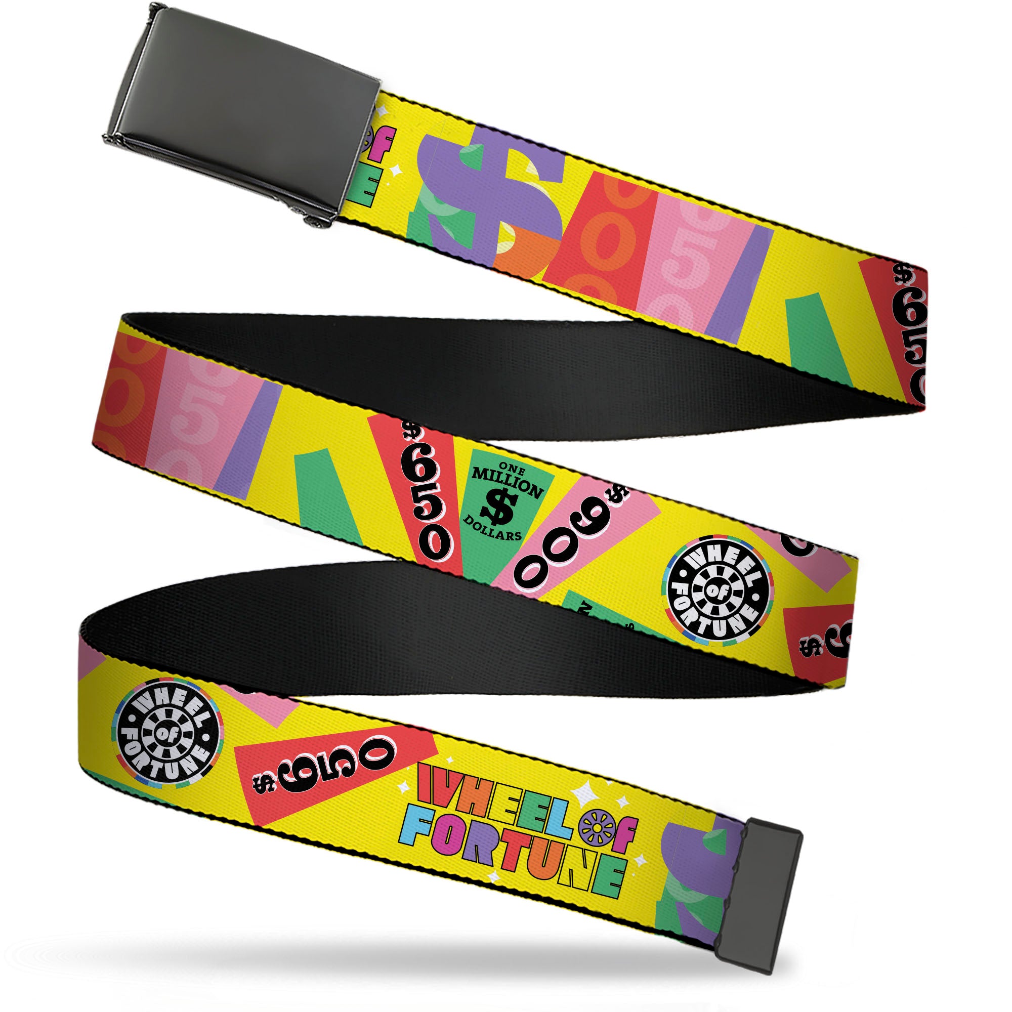 Web Belt Blank Black Buckle - WHEEL OF FORTUNE Test and Wedge Collage Yellow/Multi Color Webbing Web Belts Wheel of Fortune