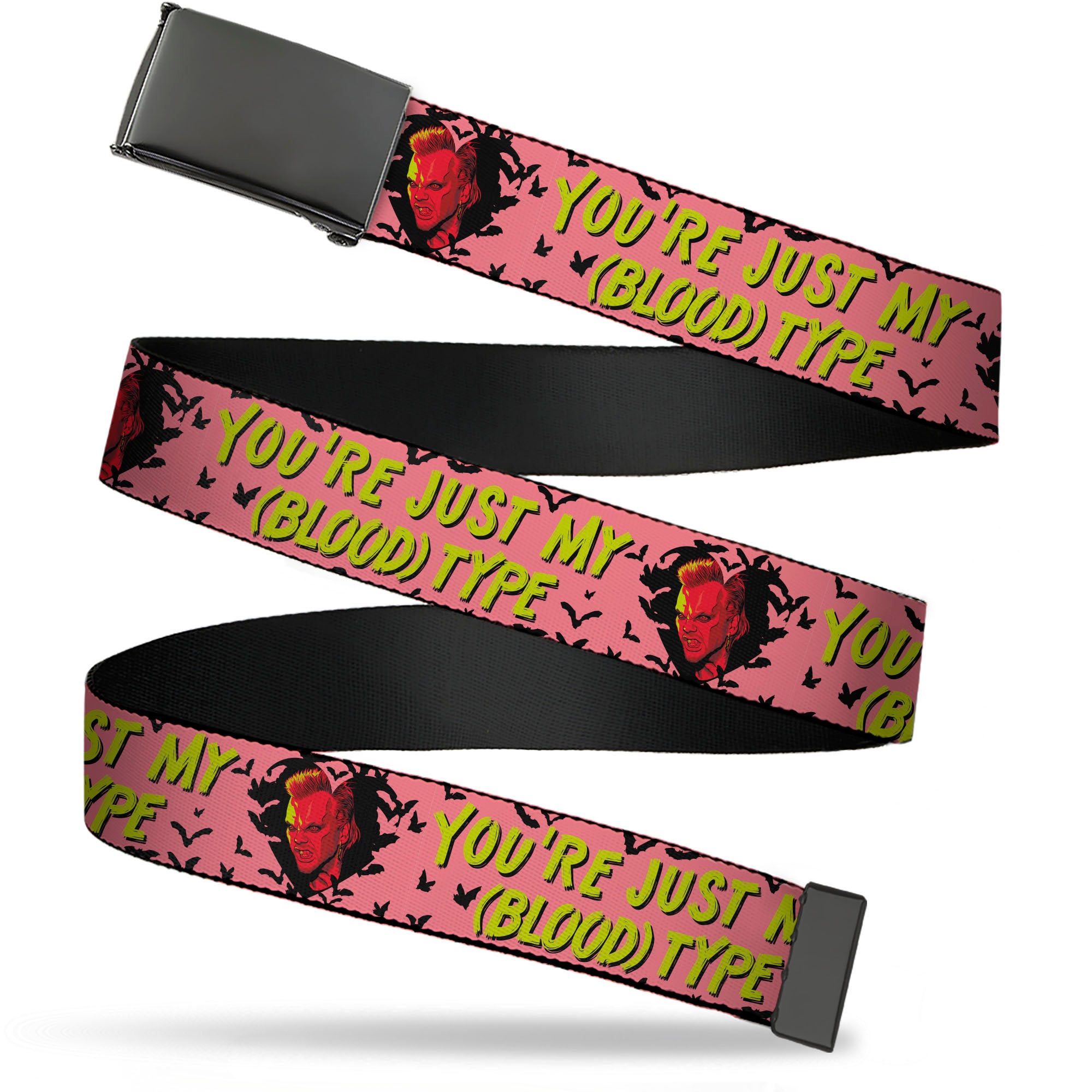 Web Belt Blank Black Buckle - The Lost Boys David Heart Icon YOU'RE JUST MY (BLOOD) TYPE Pink/Yellow Webbing Web Belts The Lost Boys