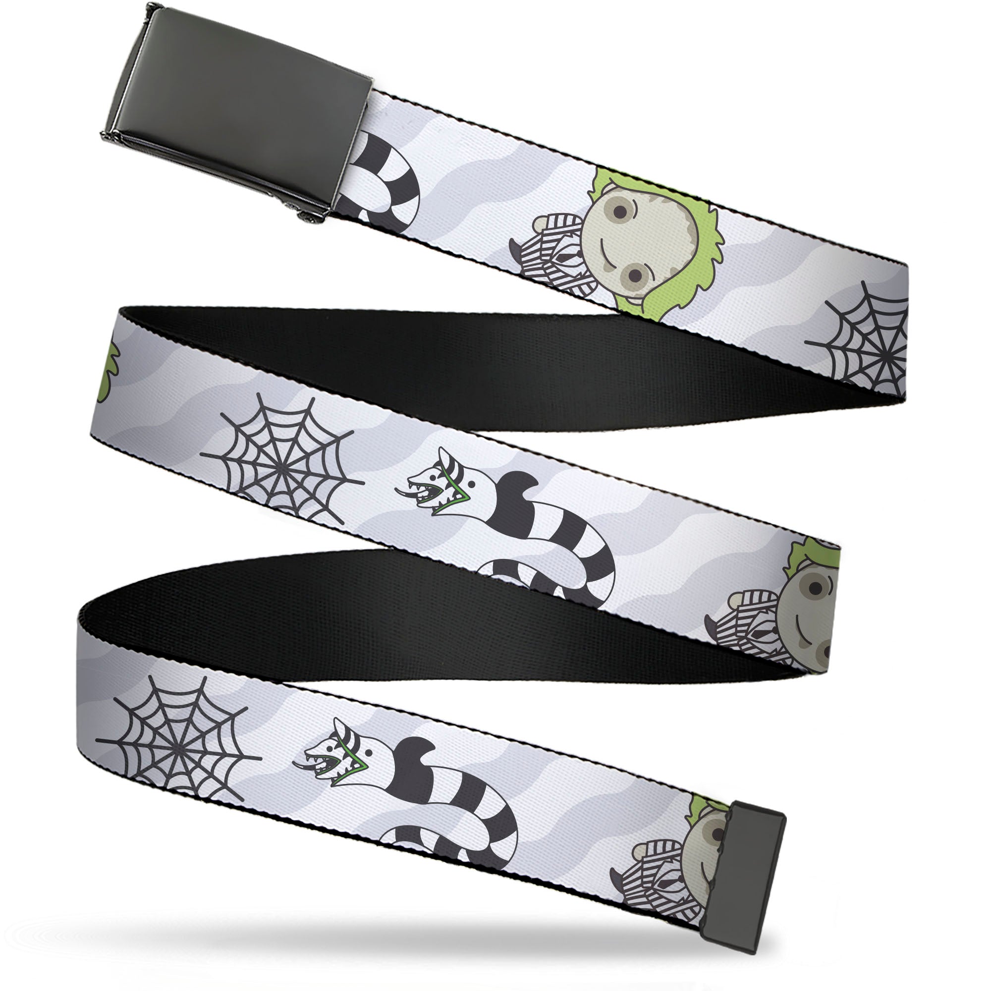 Web Belt Blank Black Buckle - Beetlejuice Chibi Pose and Sandworm Collage White/Gray Webbing Web Belts Beetlejuice