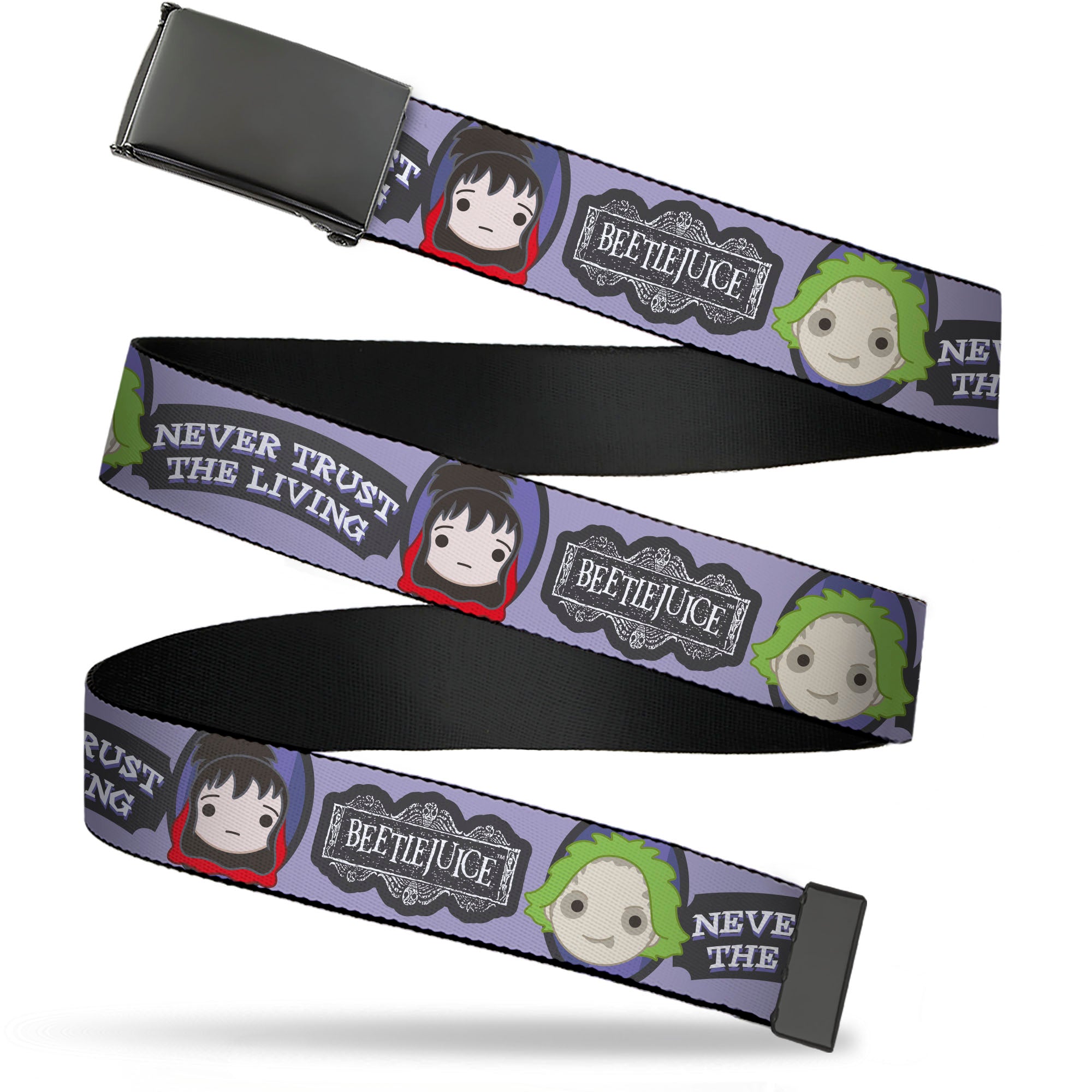 Web Belt Blank Black Buckle - BEETLEJUICE Chibi Beetlejuice and Lydia NEVER TRUST THE LIVING Gray Webbing Web Belts Beetlejuice