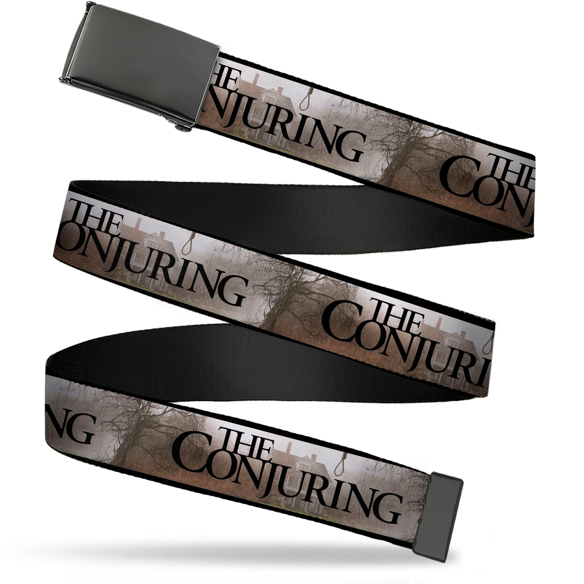 Web Belt Blank Black Buckle - THE CONJURING House Scene and Title Logo Grays/Black Webbing Web Belts The Conjuring