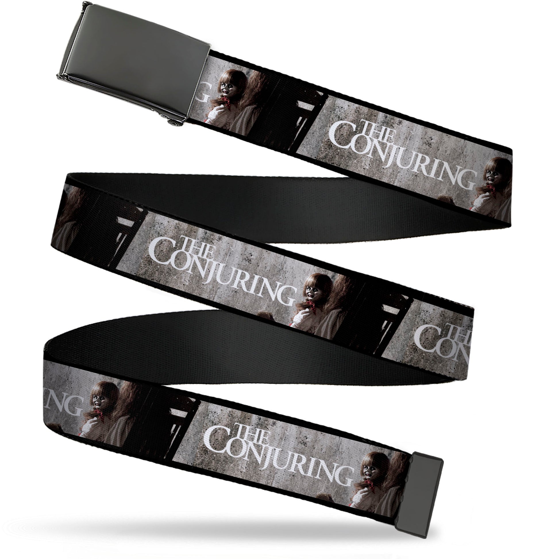Web Belt Blank Black Buckle - THE CONJURING Annabelle Scene and Title Logo Webbing Web Belts The Conjuring