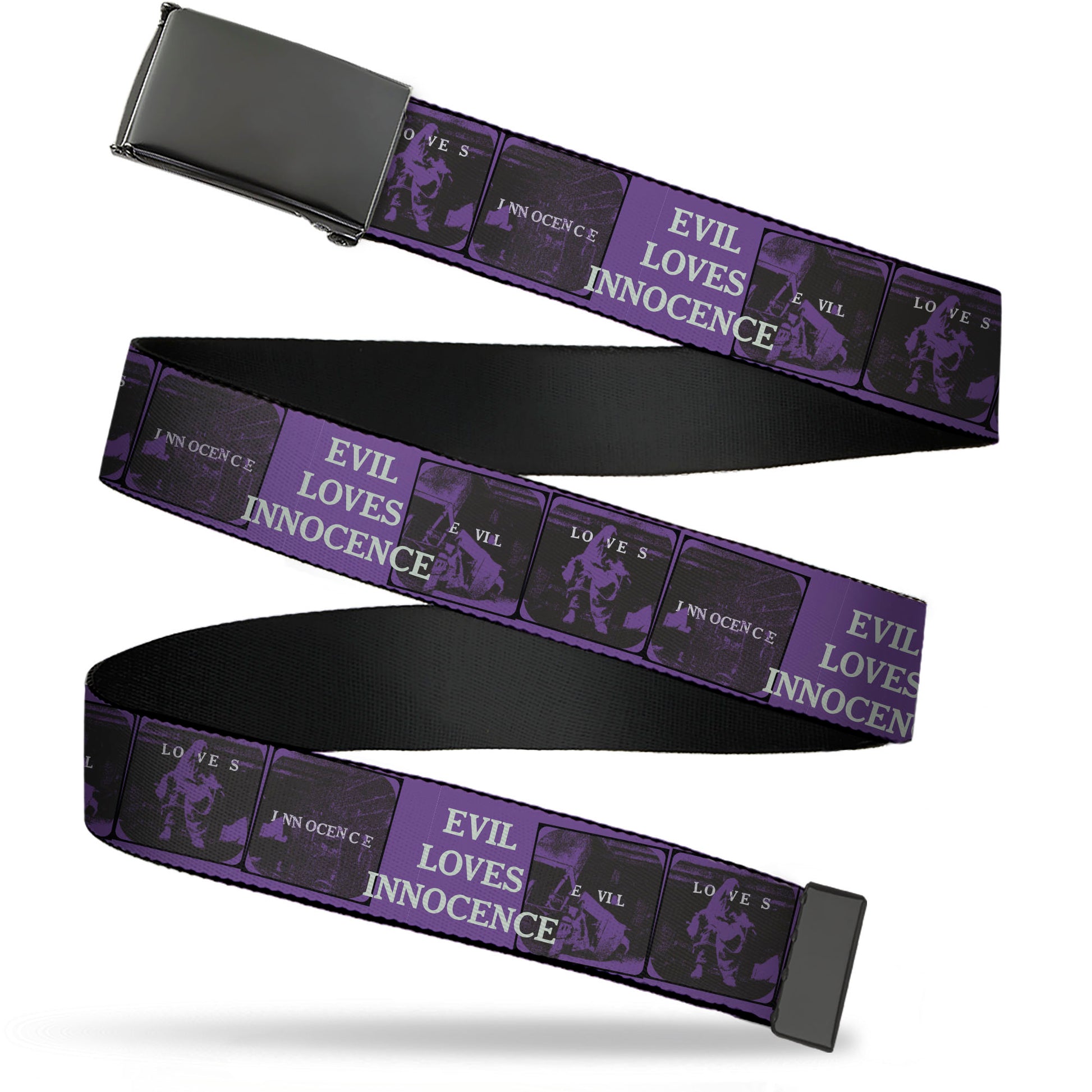 Web Belt Blank Black Buckle - The Conjuring EVIL LOVES INNOCENSE Pose Blocks Purple/Black Webbing Web Belts The Conjuring