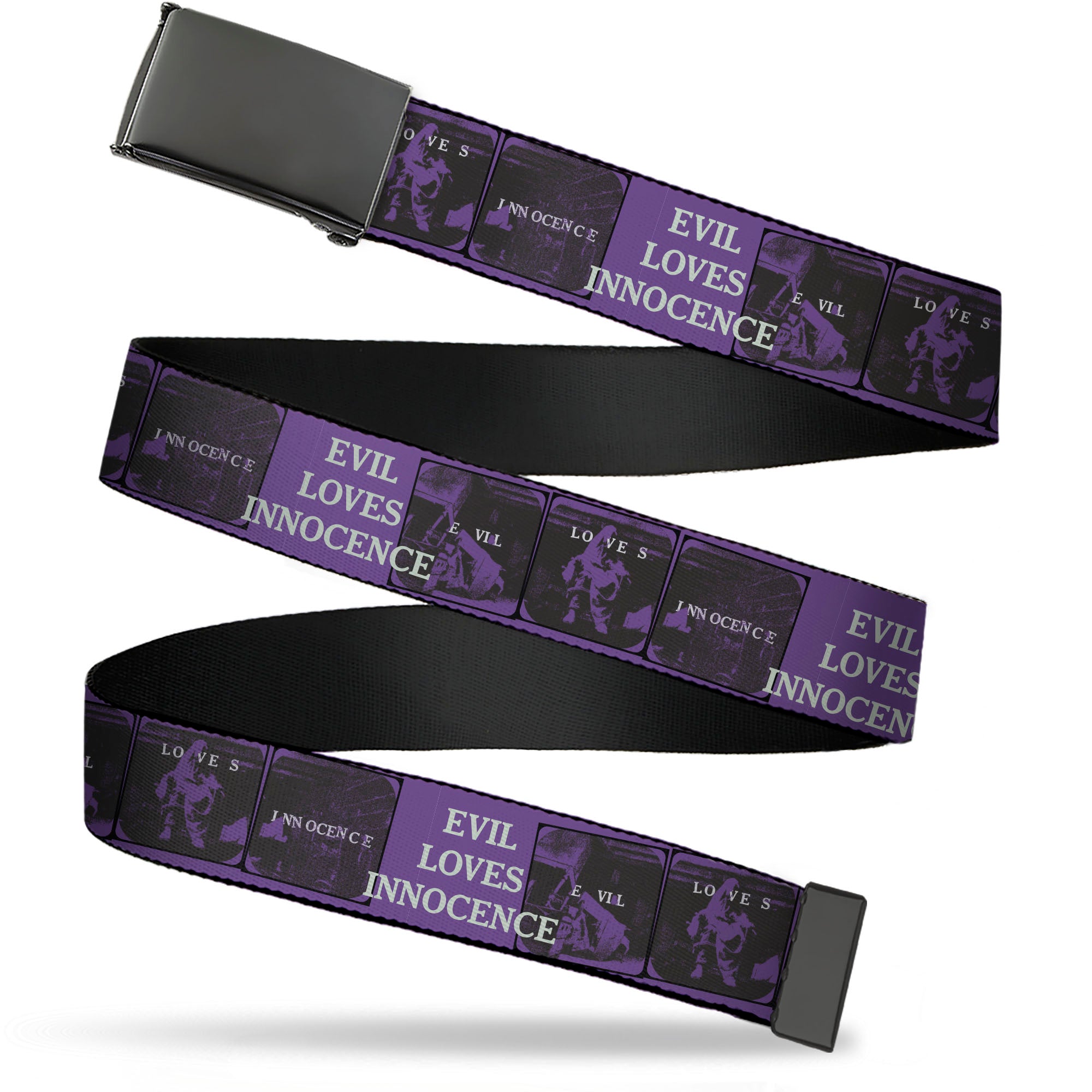 Web Belt Blank Black Buckle - The Conjuring EVIL LOVES INNOCENSE Pose Blocks Purple/Black Webbing Web Belts The Conjuring