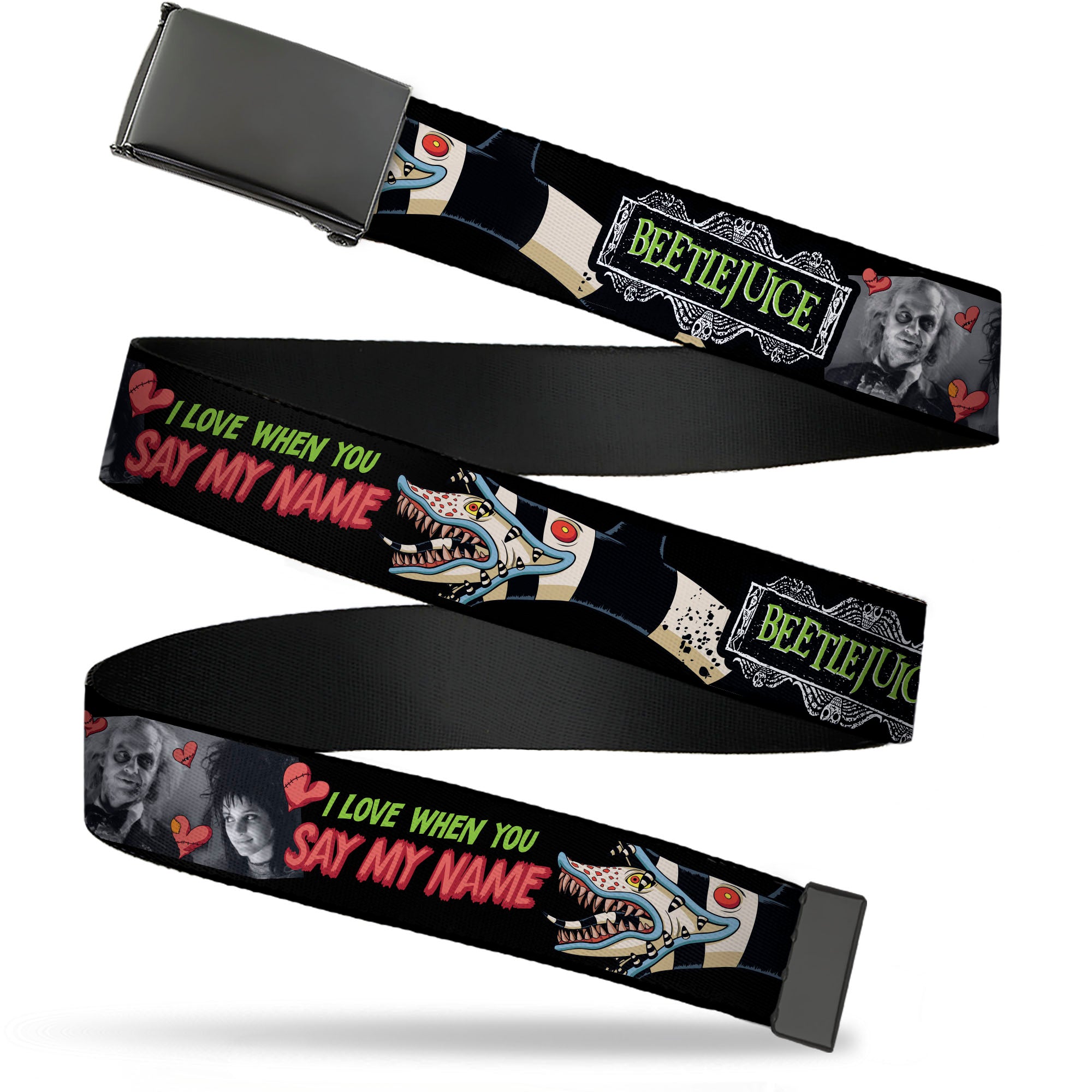 Web Belt Blank Black Buckle - BEETLEJUICE I LOVE WHEN YOU SAY MY NAME Poses and Sandworm Black Webbing Web Belts Beetlejuice