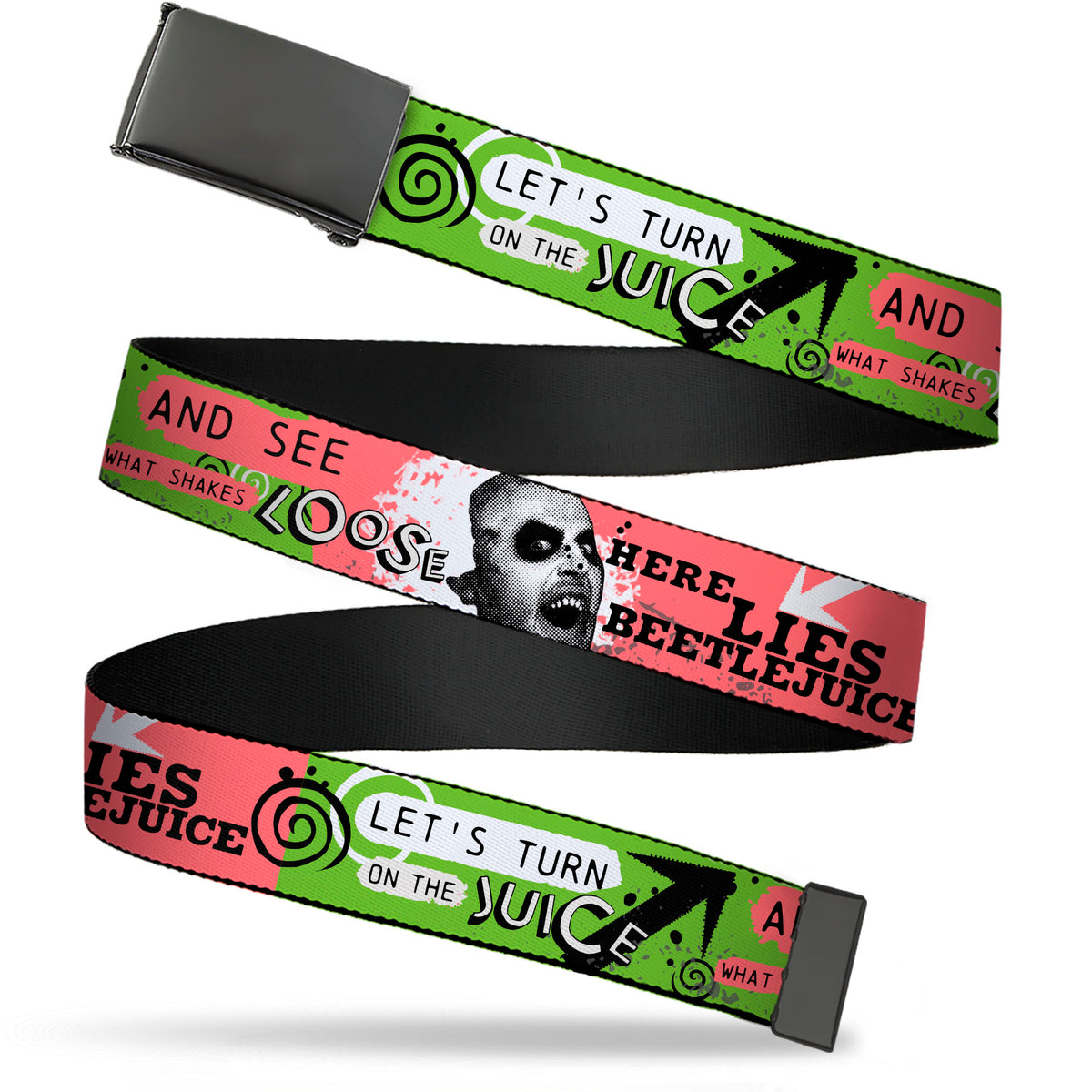 Web Belt Blank Black Buckle - BEETLEJUICE Face and Quotes Collage Pink/Green/Black Webbing Web Belts Beetlejuice