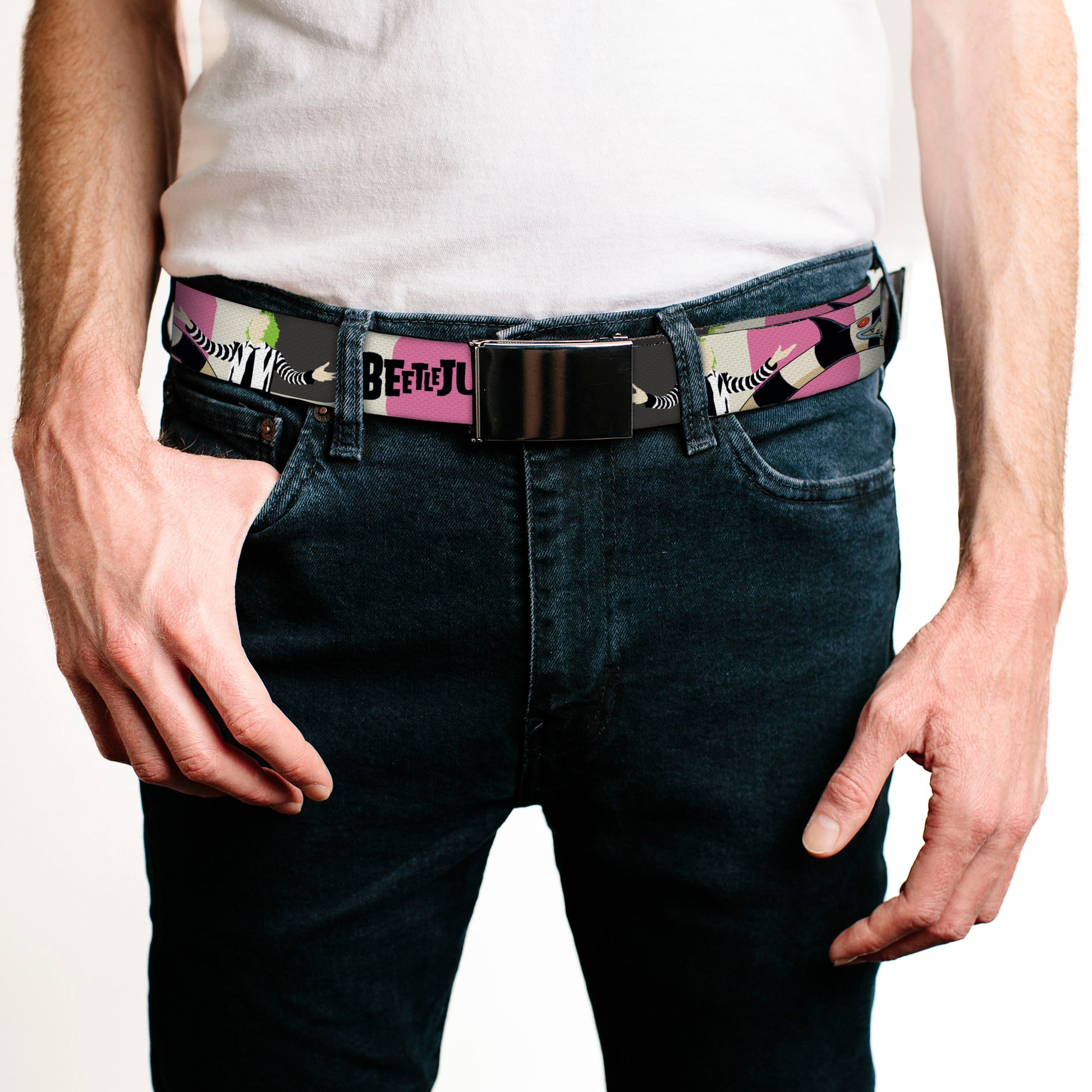 Web Belt Blank Black Buckle - BEETLEJUICE Pose and Sandworm Stripe White/Pink/Gray Webbing Web Belts Beetlejuice